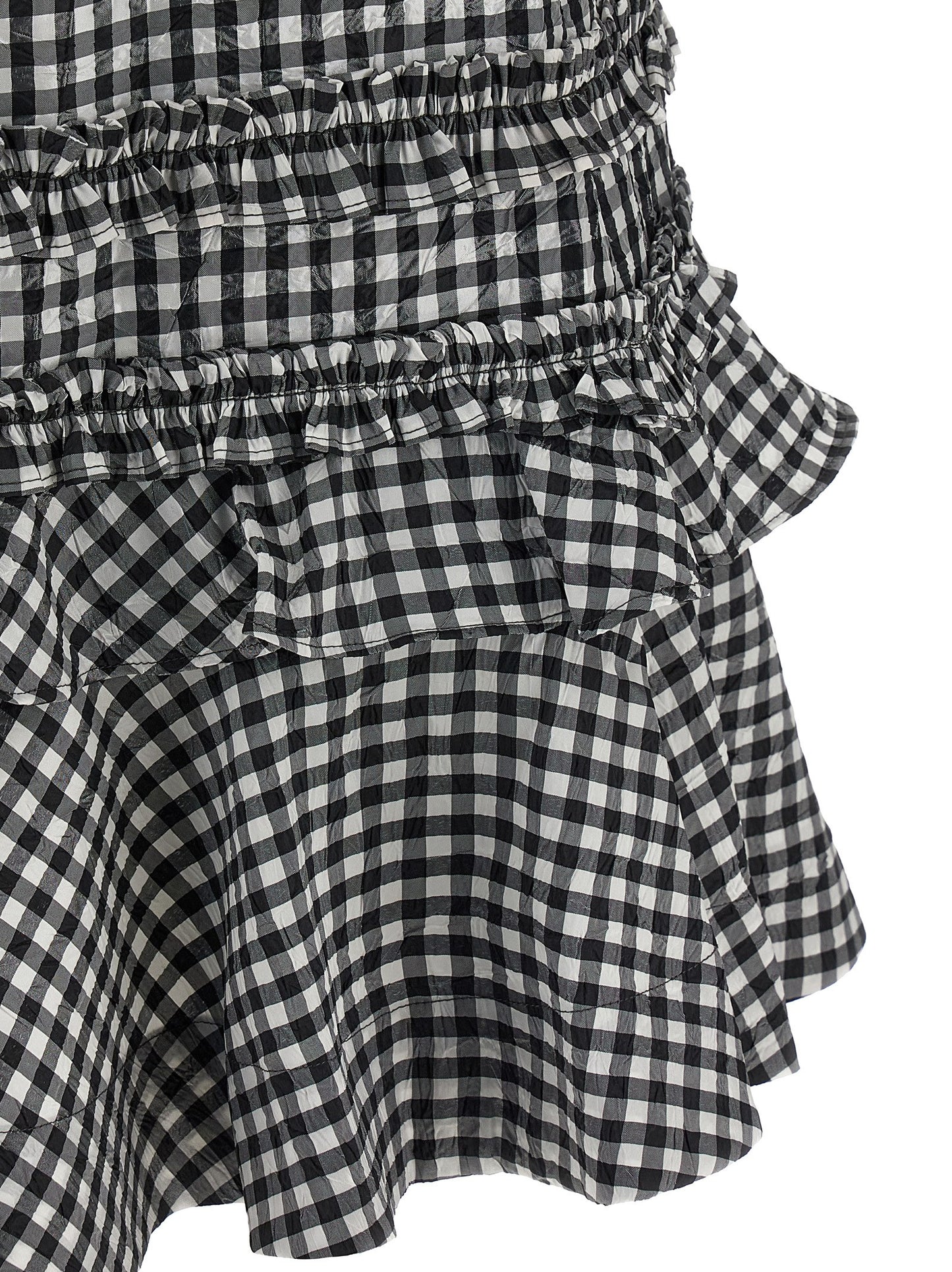 Dress by Ganni for women in polyester bicolour, black & white presents a sinuous silhouette, showcasing a sophisticated and detailed with a sinuous short mini for a refined finish.