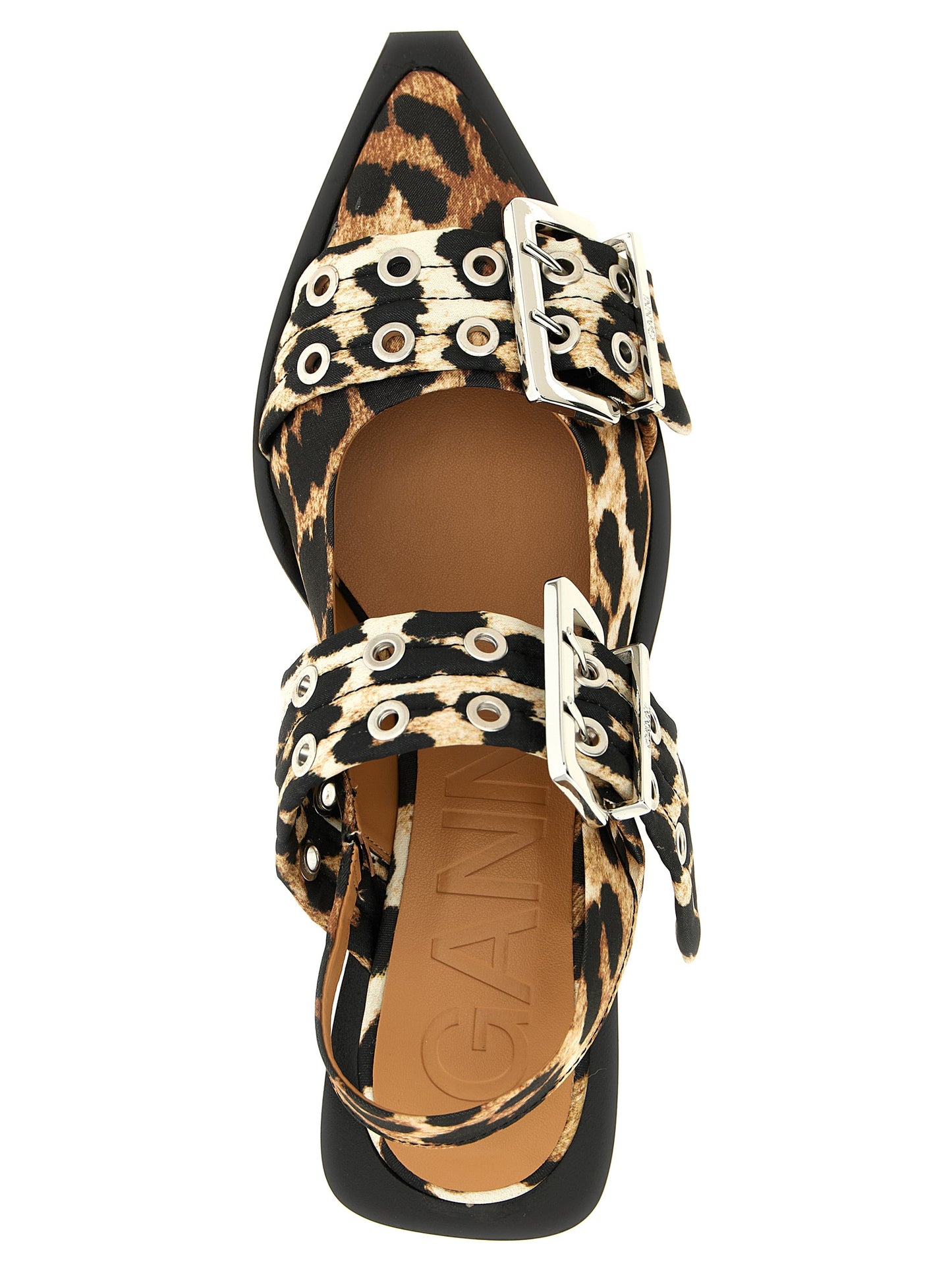 Ballet Slingback Flat Shoes by Ganni for women in polyester satin multicolor & print features an statuesque silhouette from the Women's Polyester Satin Ballet Slingback Flat Shoes collection, showcasing a and a statuesque pointed toe style for a statuesque look.