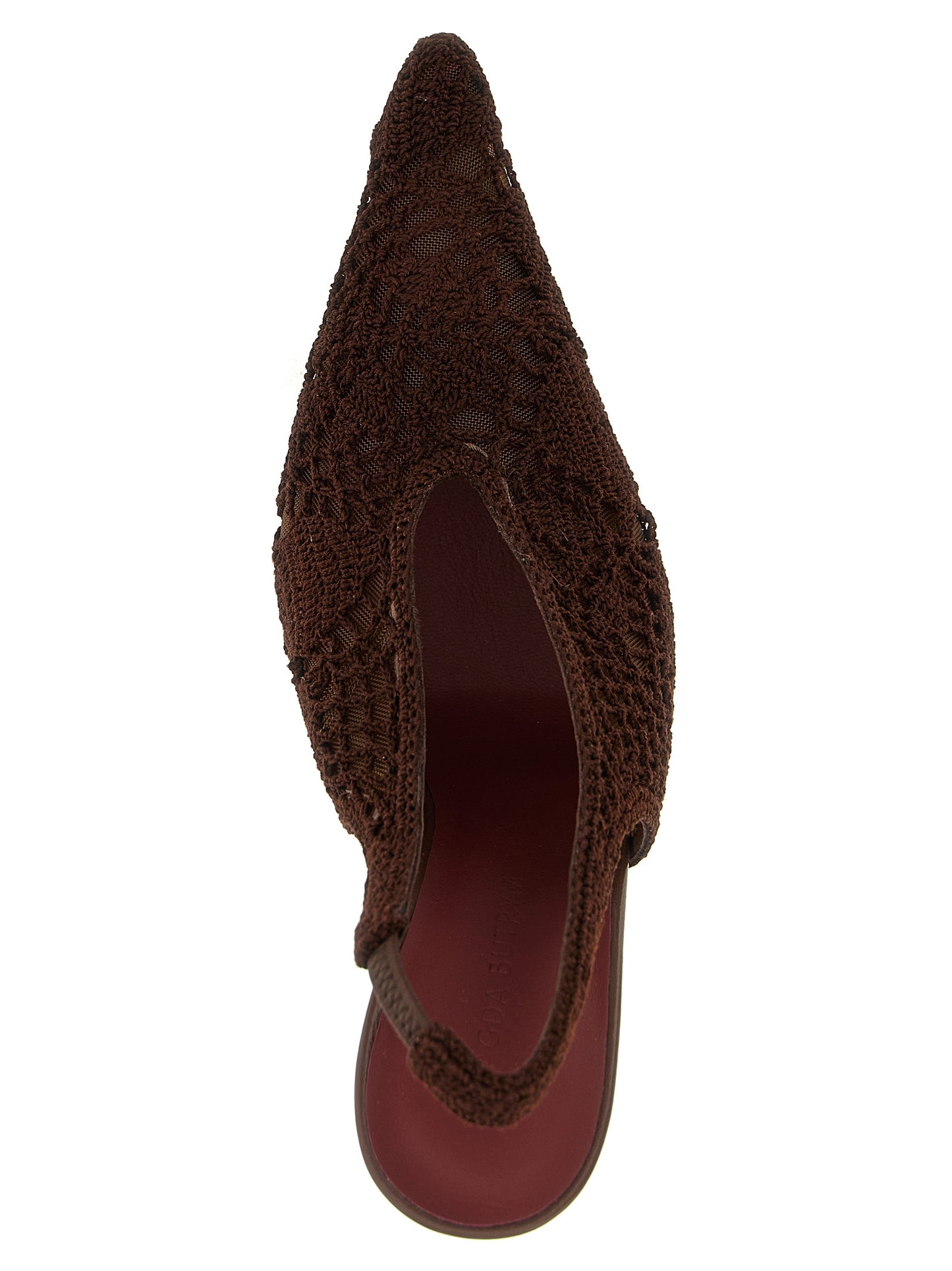 High-Heel Stiletto Slingback Pumps Heels by Magda Butrym for women in cotton viscose brown showcases a exquisite silhouette, perfectly accentuating Crochet Women's Cotton Viscose High-Heel Stiletto Slingback Pumps Heels with a exquisite stiletto high-heel and exquisite pointed toe style.