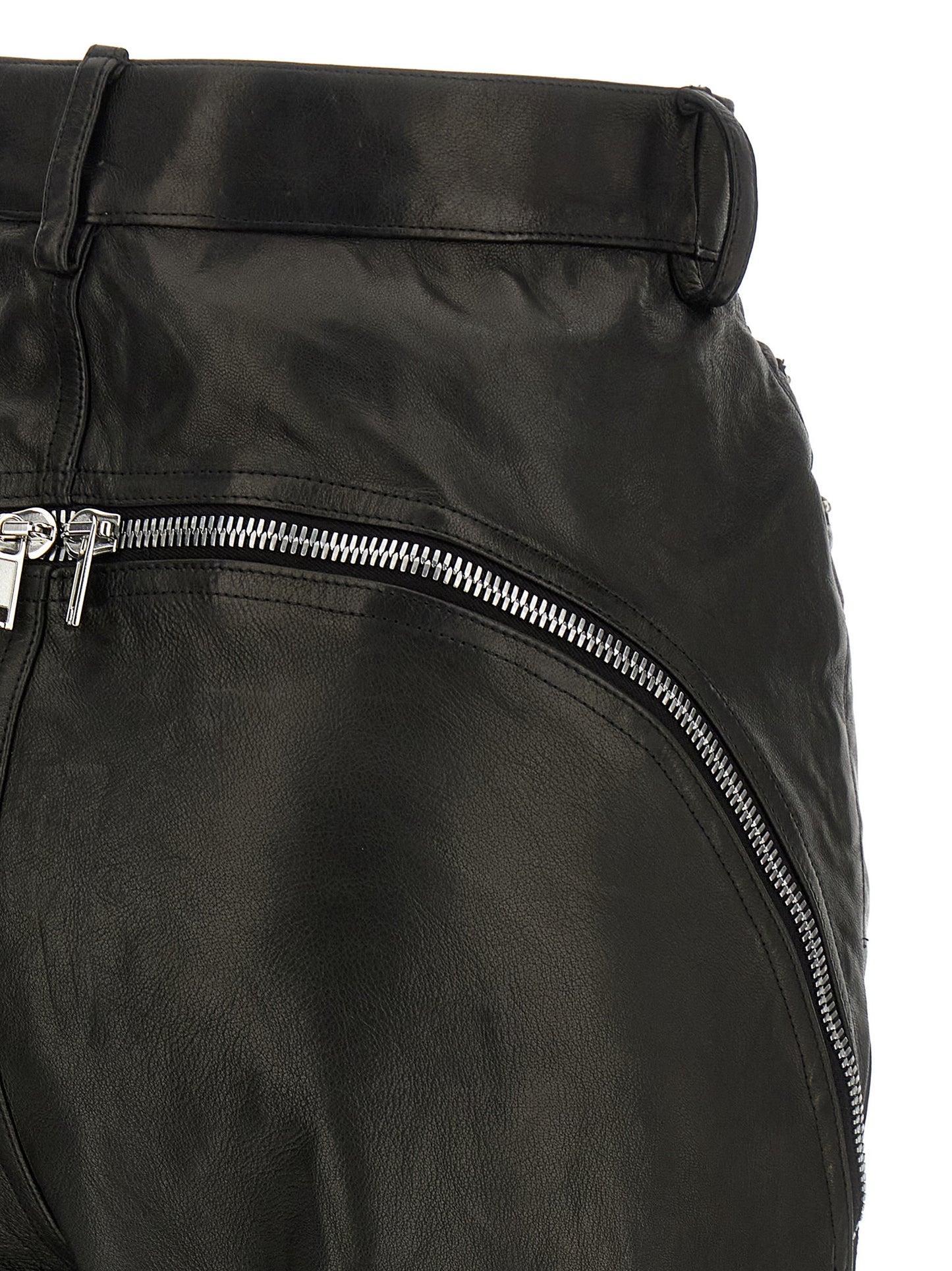 Pants by Rick Owens for women in leather black features a enduring silhouette, showcasing a enduring and long with a high rise for a premium, tailored aesthetic.