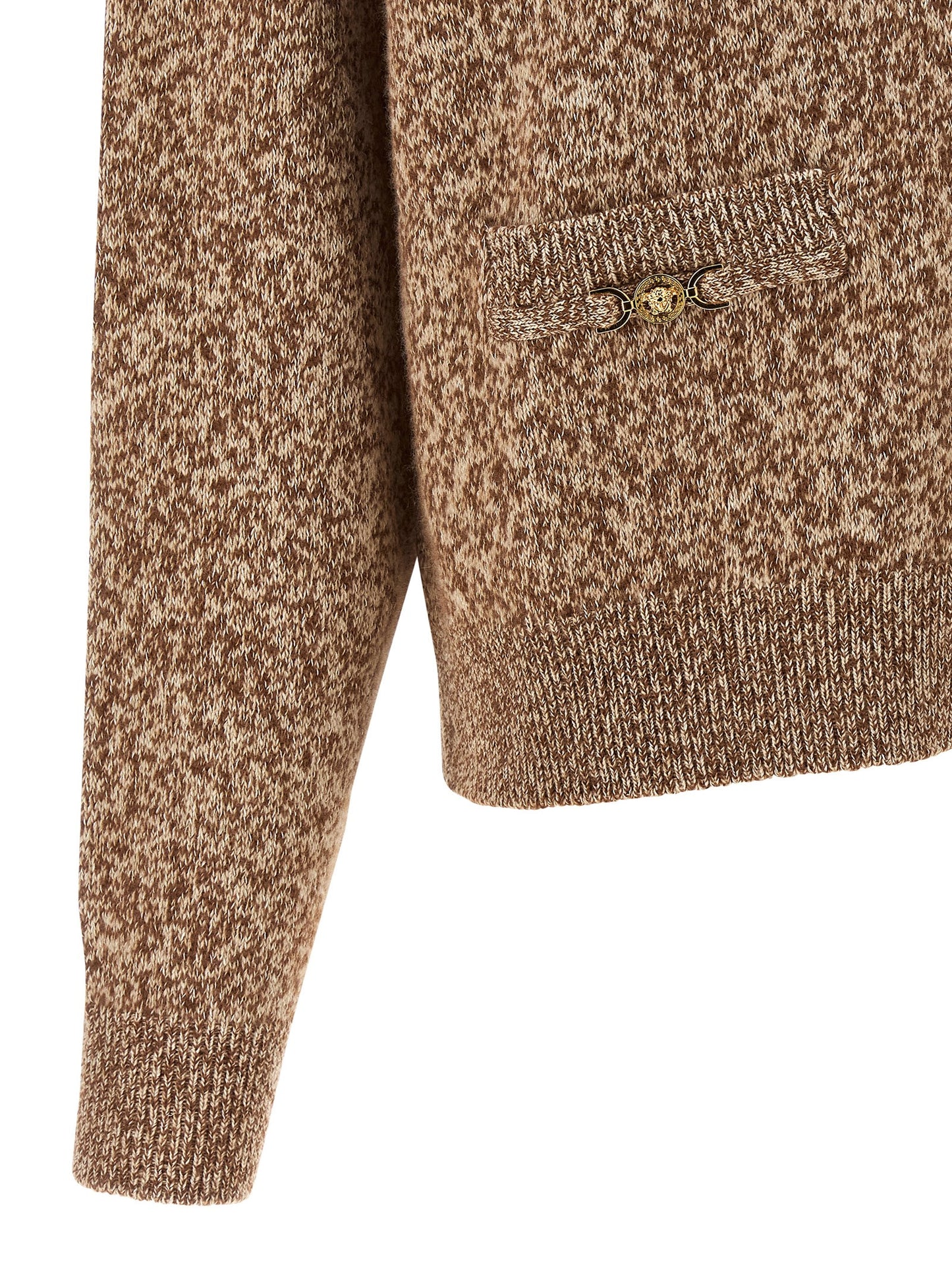 Cardigan by Versace for women in silk virgin cashmere wool beige features an impeccable silhouette, showcasing a sophisticated and detail for a truly impeccable finish.