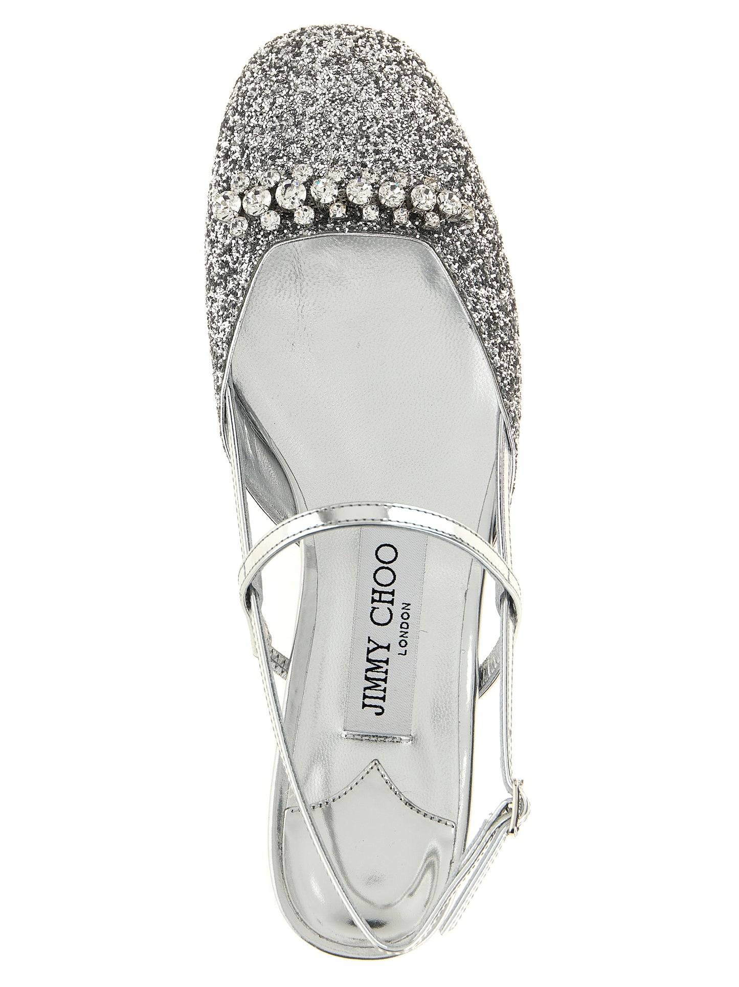 Ballet Slingback Flat Shoes by Jimmy Choo for women in polyester leather & crystal silver presents a impeccable silhouette as Women's Polyester Leather & Crystal Ballet Slingback Flat Shoes, artfully designed with a and a impeccable square toe style for a refined, upscale finish.