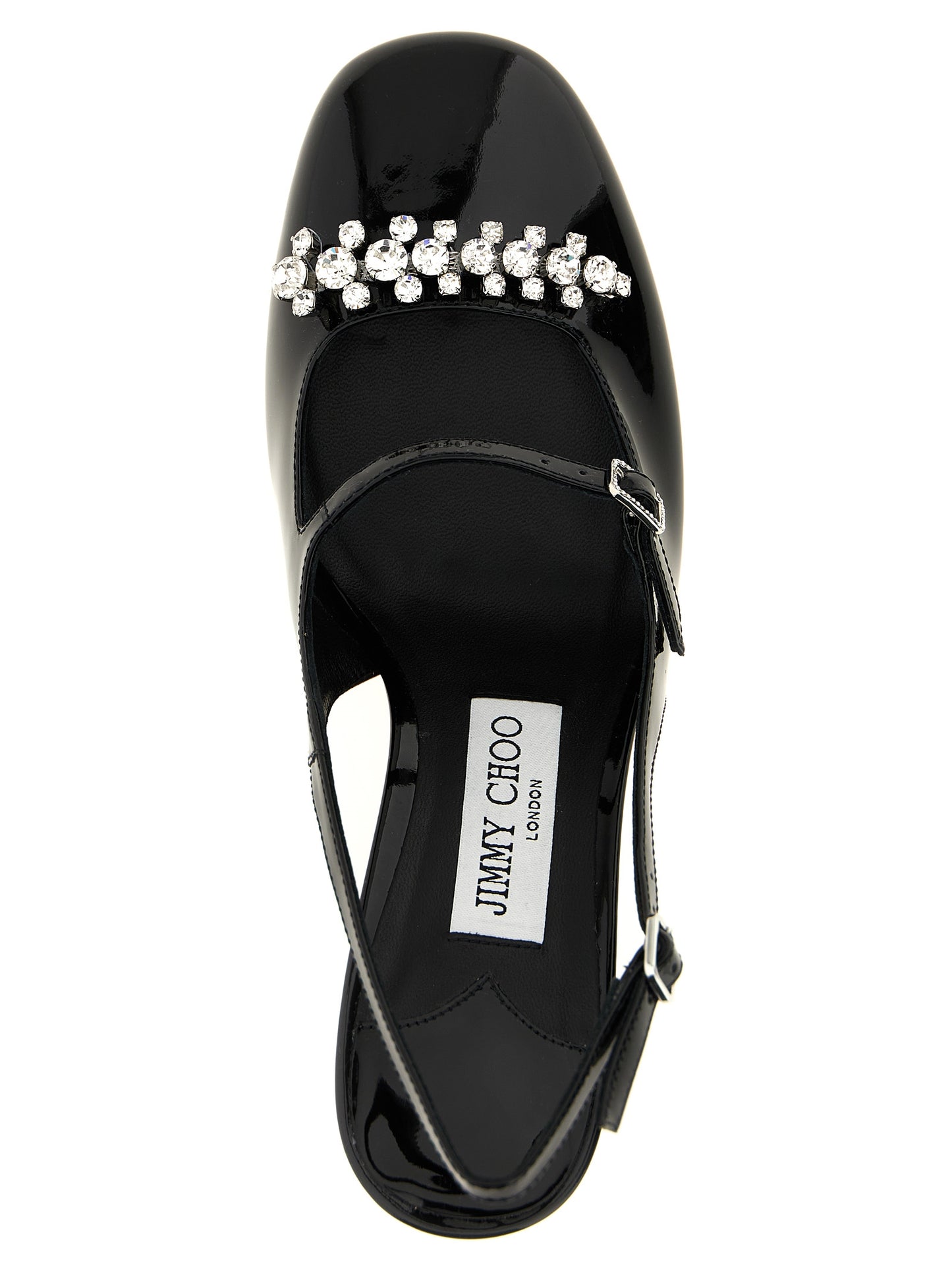 This Mid-Heel Slingback Pumps Heels by Jimmy Choo for women in patent leather & crystal black & signature presents a effortlessly chic silhouette from the Women's Patent Leather & Crystal Mid-Heel Slingback Pumps Heels collection, featuring a effortlessly chic mid-heel and effortlessly chic square toe style.