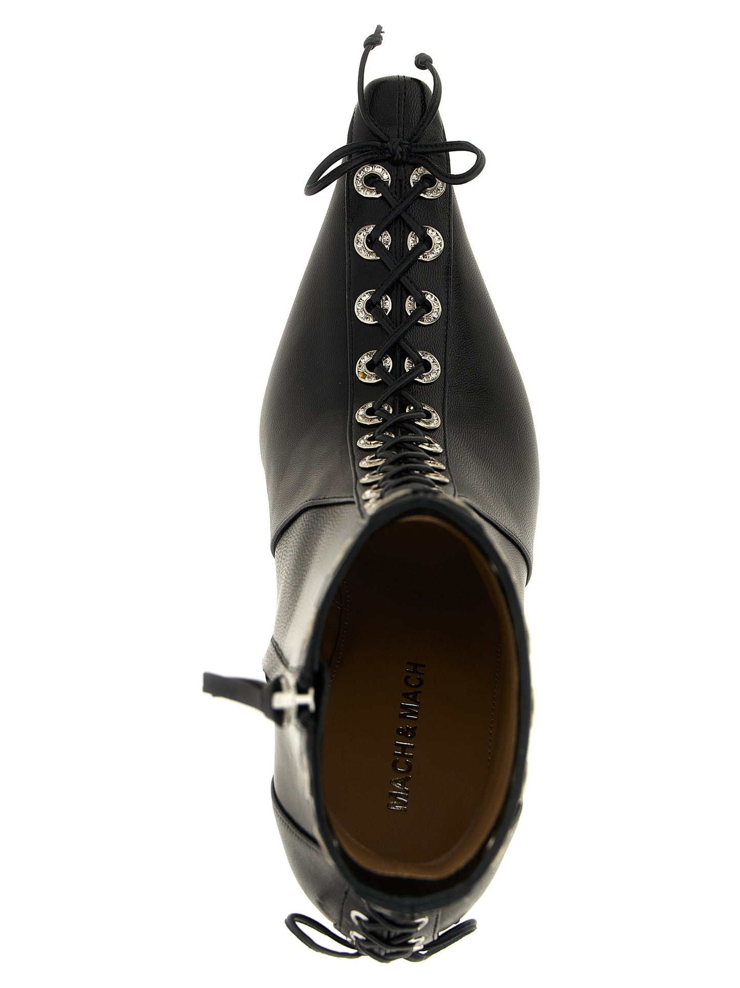 Ankle Cut-Out Boots by MACH & MACH for women in calfskin leather & rhinestone black features an enchanting design from the Women's Calfskin Leather & Rhinestone Ankle Cut-Out Boots collection, highlighting a enchanting and pointed toe style for a refined look.
