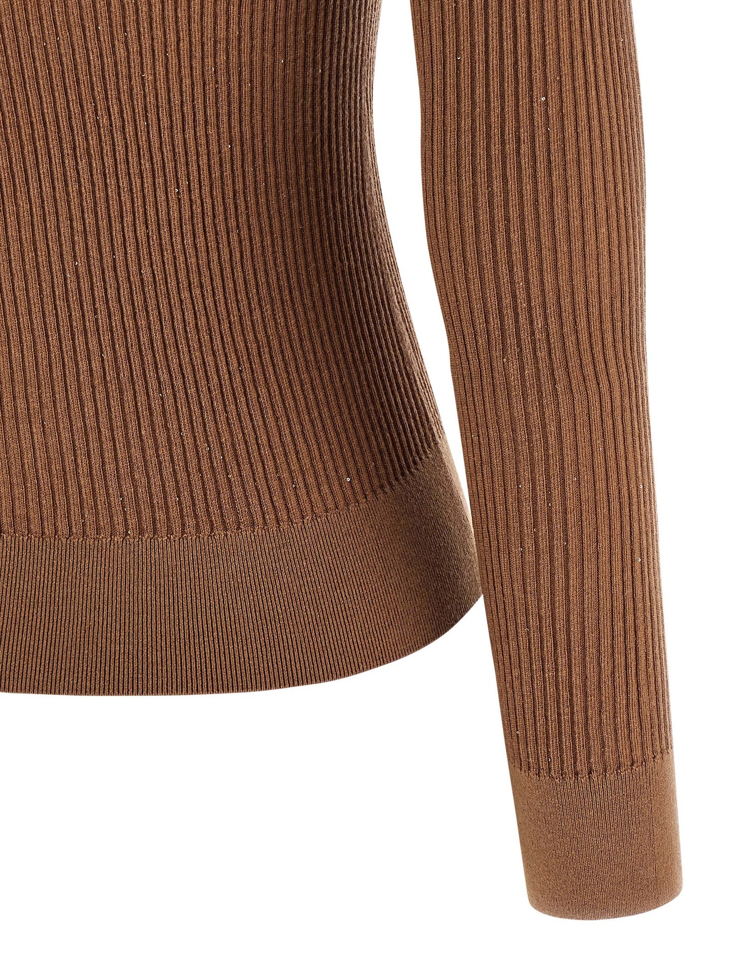 Cardigan by Max Mara for women in silk wool & sequins beige features a dramatic silhouette, showcasing a sophisticated and dramatic detail for a timeless, premium look.