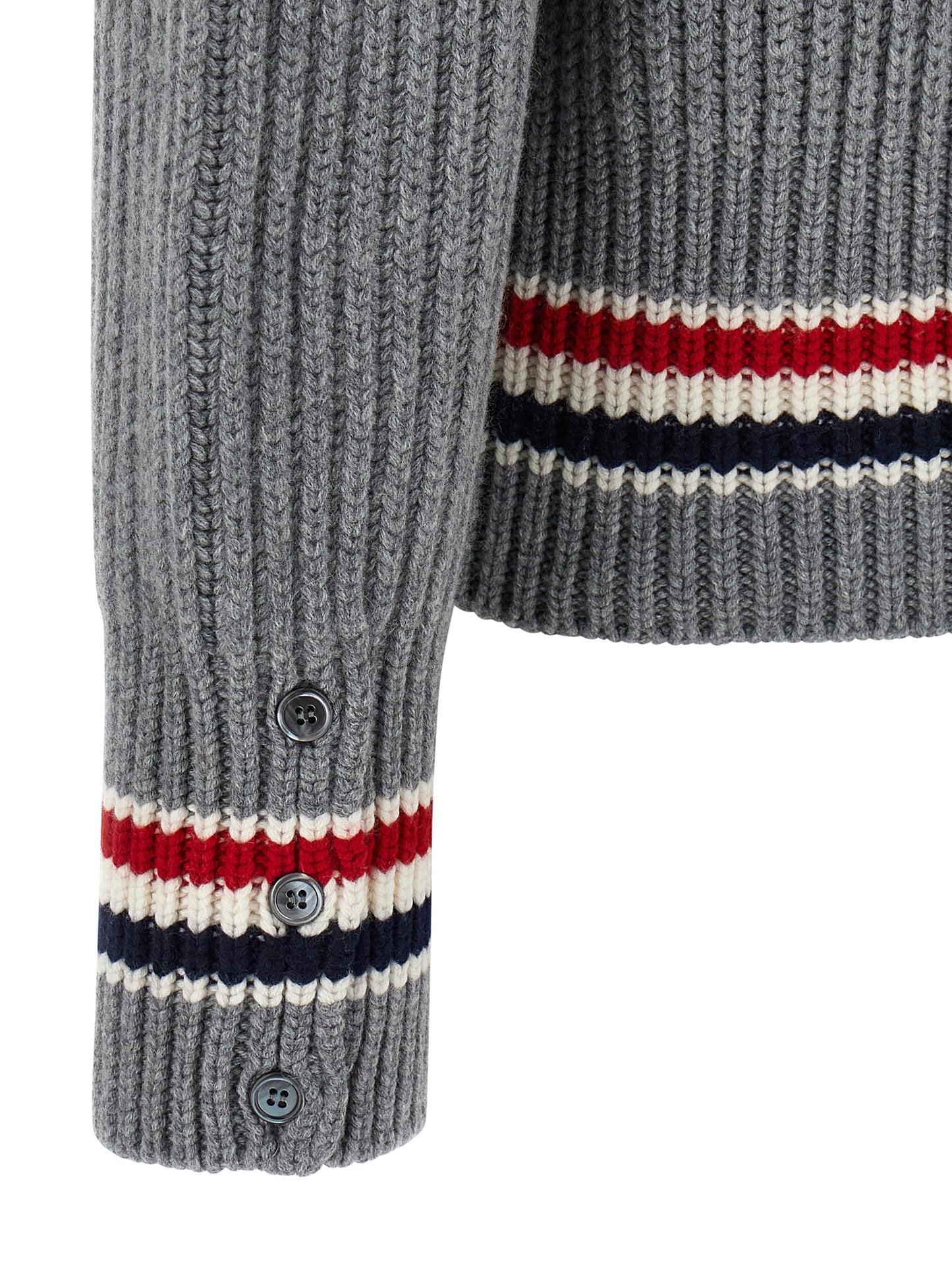 Cardigan by Thom Browne for men in cashmere gray showcases a luxurious silhouette, meticulously detailed with a sophisticated and for a refined finish.