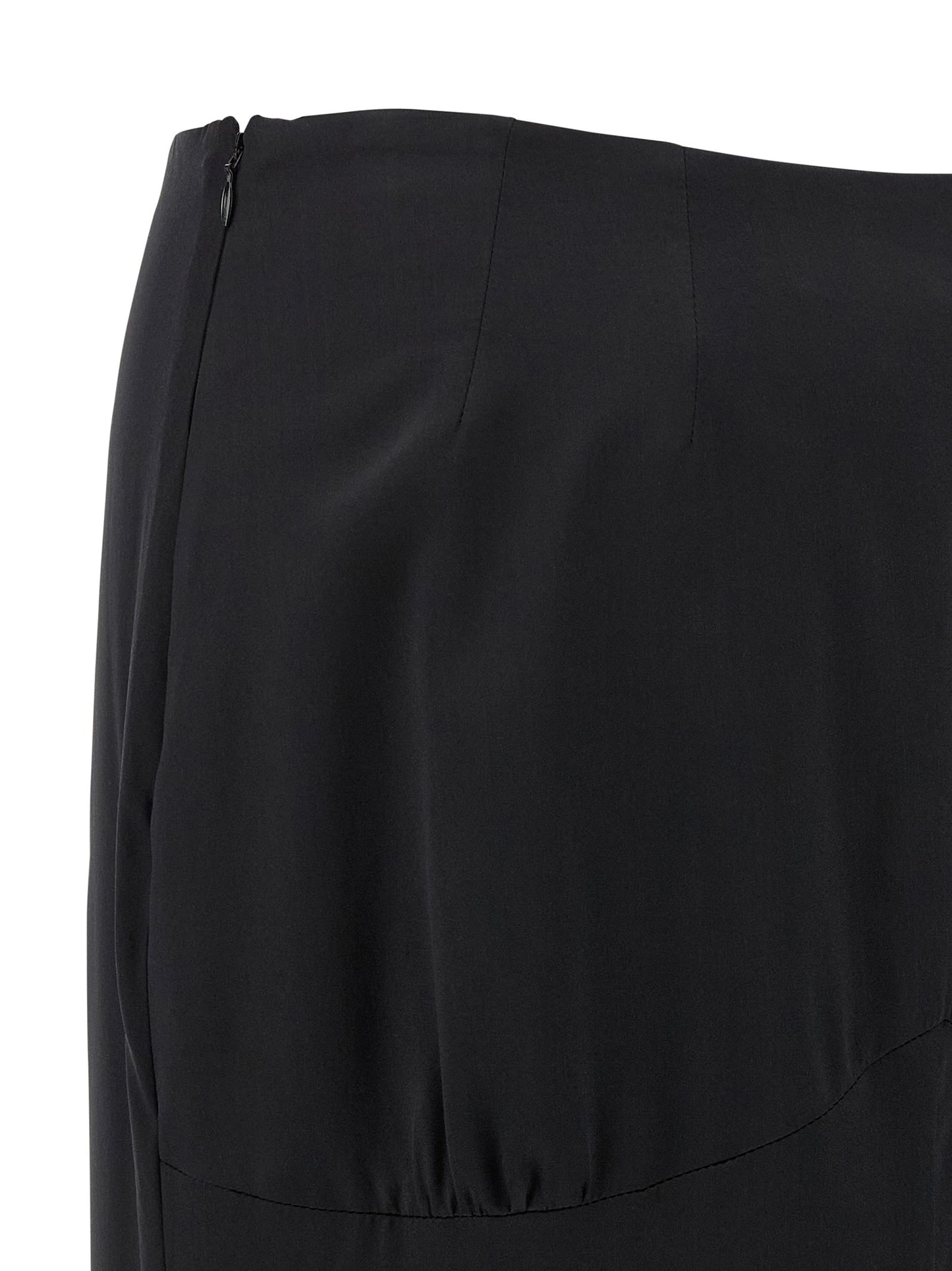 Skirt by Armarium for women in silk satin black showcases a dramatic silhouette, artfully capturing the essence of the Women's Gathered Asymmetrical Silk Satin Mini Skirt in a dramatic mini cut for a refined look.