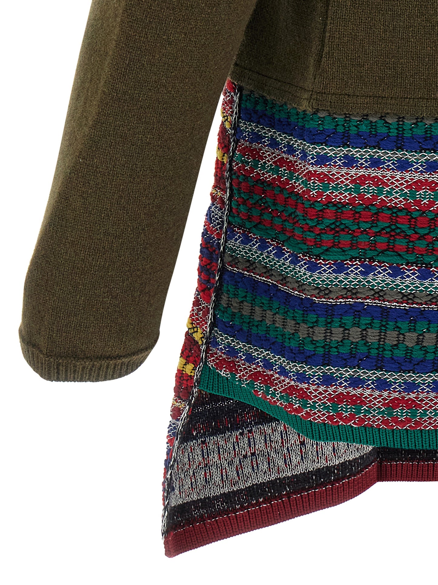 Cardigan by Comme Des Garçons for men in wool & nylon bicolour, green & jacquard presents a textural silhouette, artfully finished with a textural and for a sophisticated, textural look.