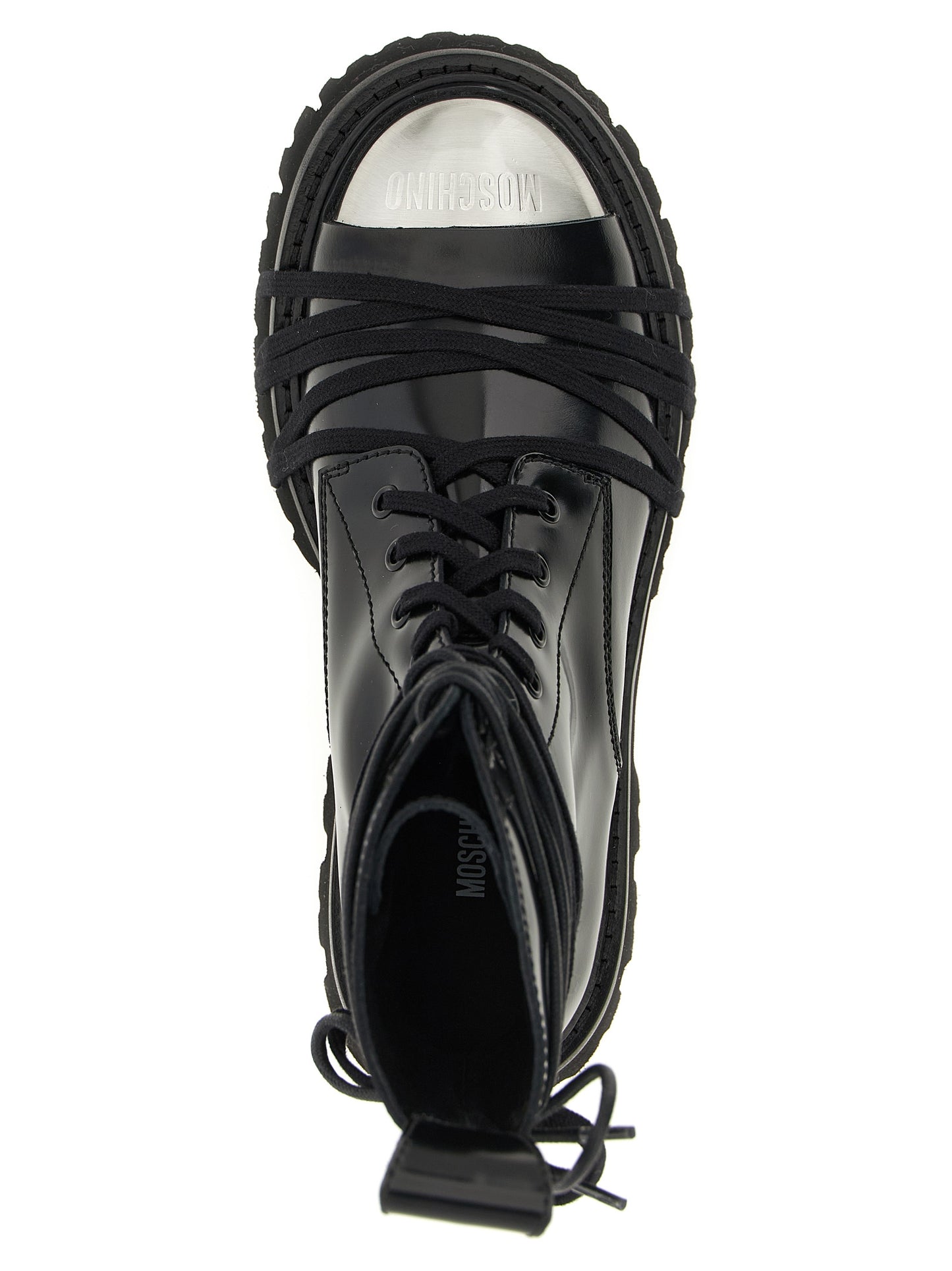 Lace-Up Combat Boots by Moschino for women in calfskin leather black features an high-performance silhouette, showcasing the sophisticated design of the Women's Calfskin Leather Lace-Up Combat Boots with a and a refined .