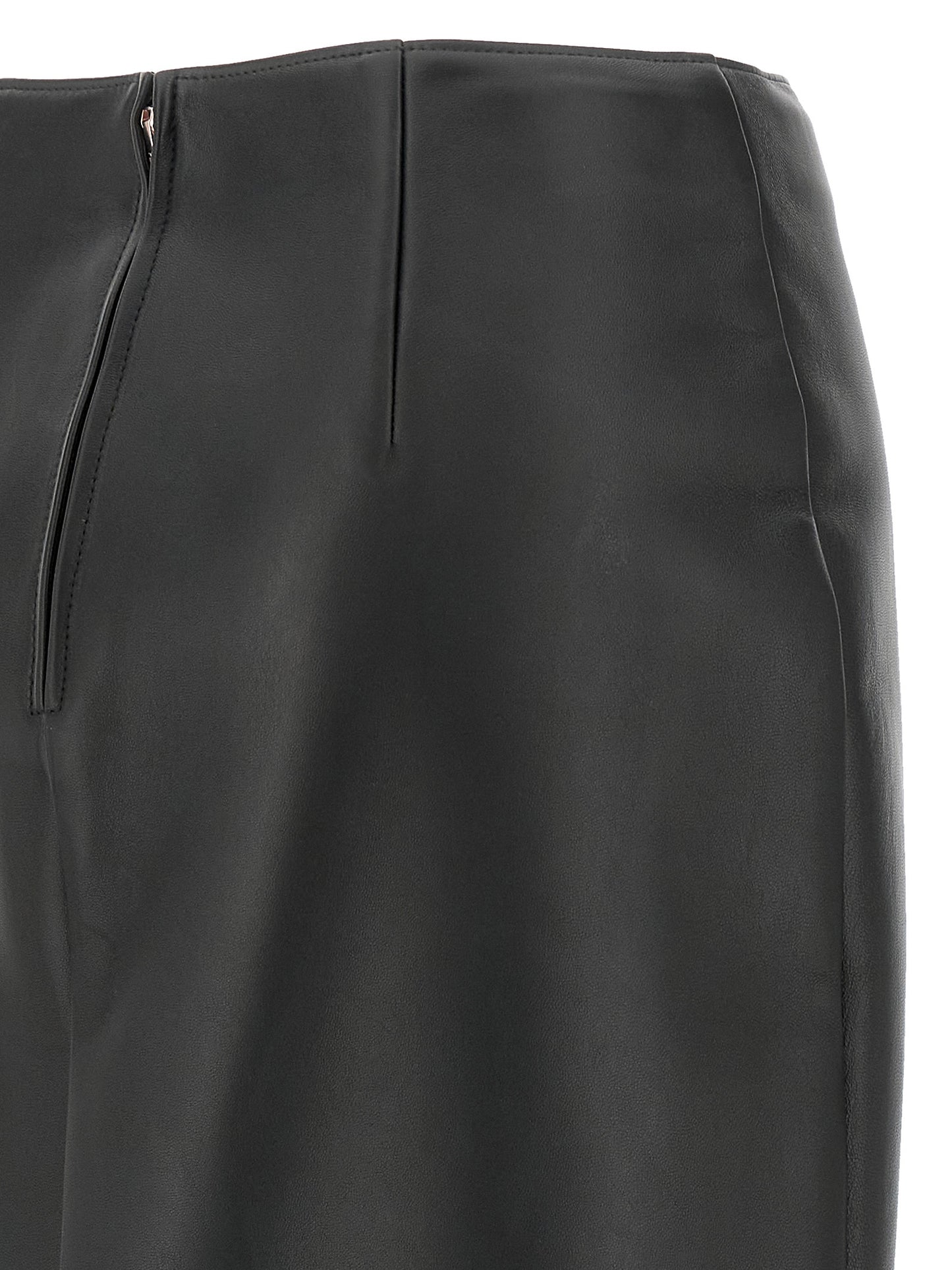 Skirt by Fendi for women in lamb leather black showcases a sultry silhouette, elegantly defined by its midi and the sophisticated sultry design of the Women's Flared High Rise Lamb Leather Midi Skirt.