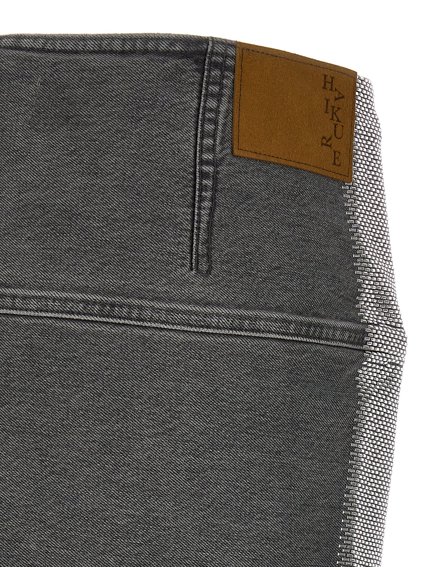 Skirt by Haikure for women in denim cotton & suede leather gray showcases a sultry silhouette, elegantly defined by its long and the sophisticated sultry design of the Women's Denim Cotton & Suede Leather Long Skirt.