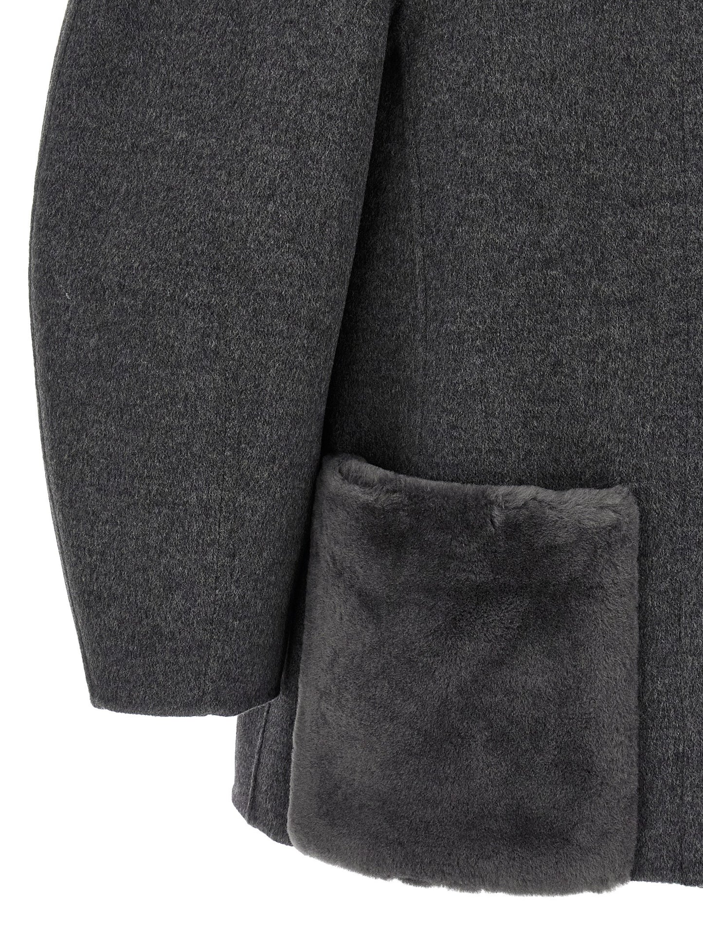 Overcoat by Fendi for women in plush silk virgin wool gray & patterned features an satoral silhouette, showcasing a sophisticated and satoral pockets for a premium, timeless look.