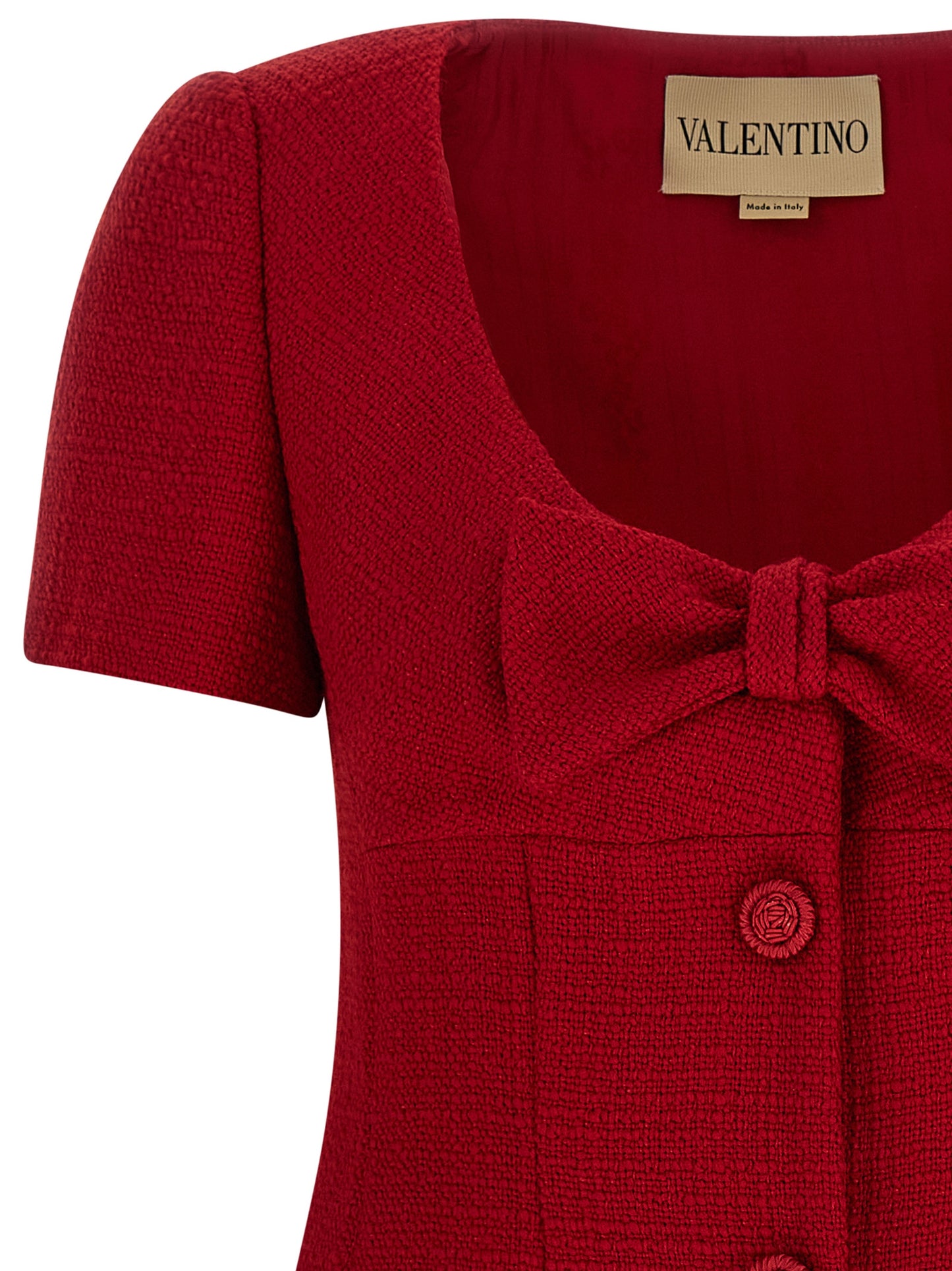 Valentino Garavani V Logo Women's Flared Short-Sleeve Round Neck Polyamide & Virgin Wool Short Mini Dress - Multicolor Red Jacquard