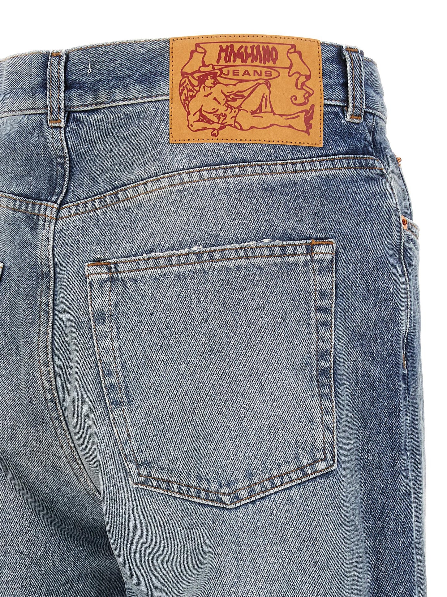 Jeans by Magliano for men in denim cotton blue & signature presents a tailored silhouette, showcasing a tailored straight-leg, regular-fit & wide and long cut with a refined for a truly tailored aesthetic.