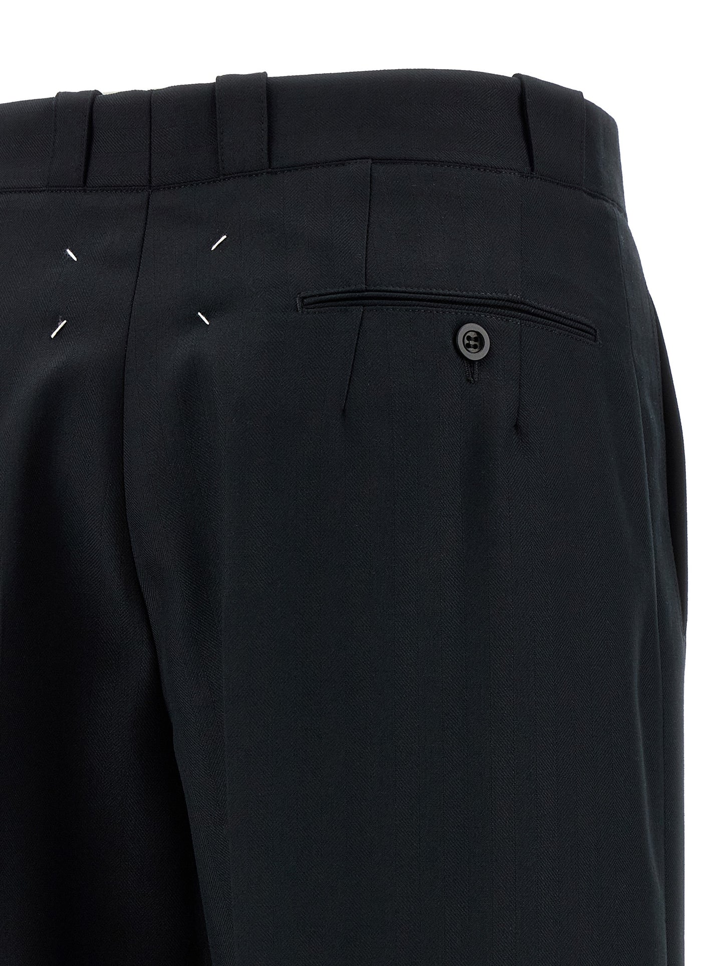 Trousers by Maison Margiela for women in wool & polyester black, herringbone & signature features an on trend silhouette, showcasing a sophisticated straight-leg & wide with a long and for an on trend finish.
