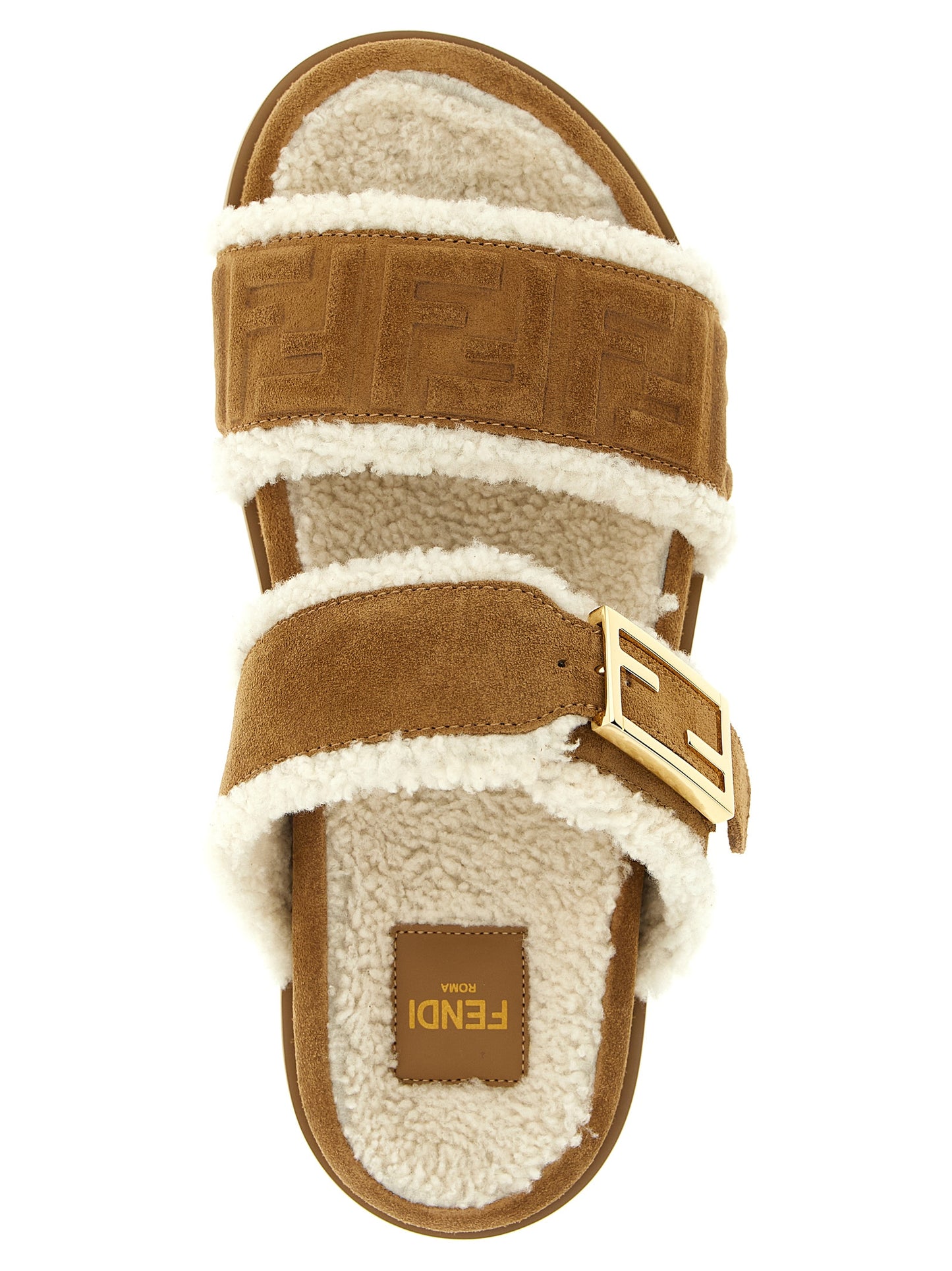 Sliders Sandals Flat Shoes by Fendi for women in suede calfskin leather & fur beige & patterned showcases a dynamic silhouette, artfully capturing Women's Suede Calfskin Leather & Fur Sliders Sandals Flat Shoes through its distinctive and elegant .