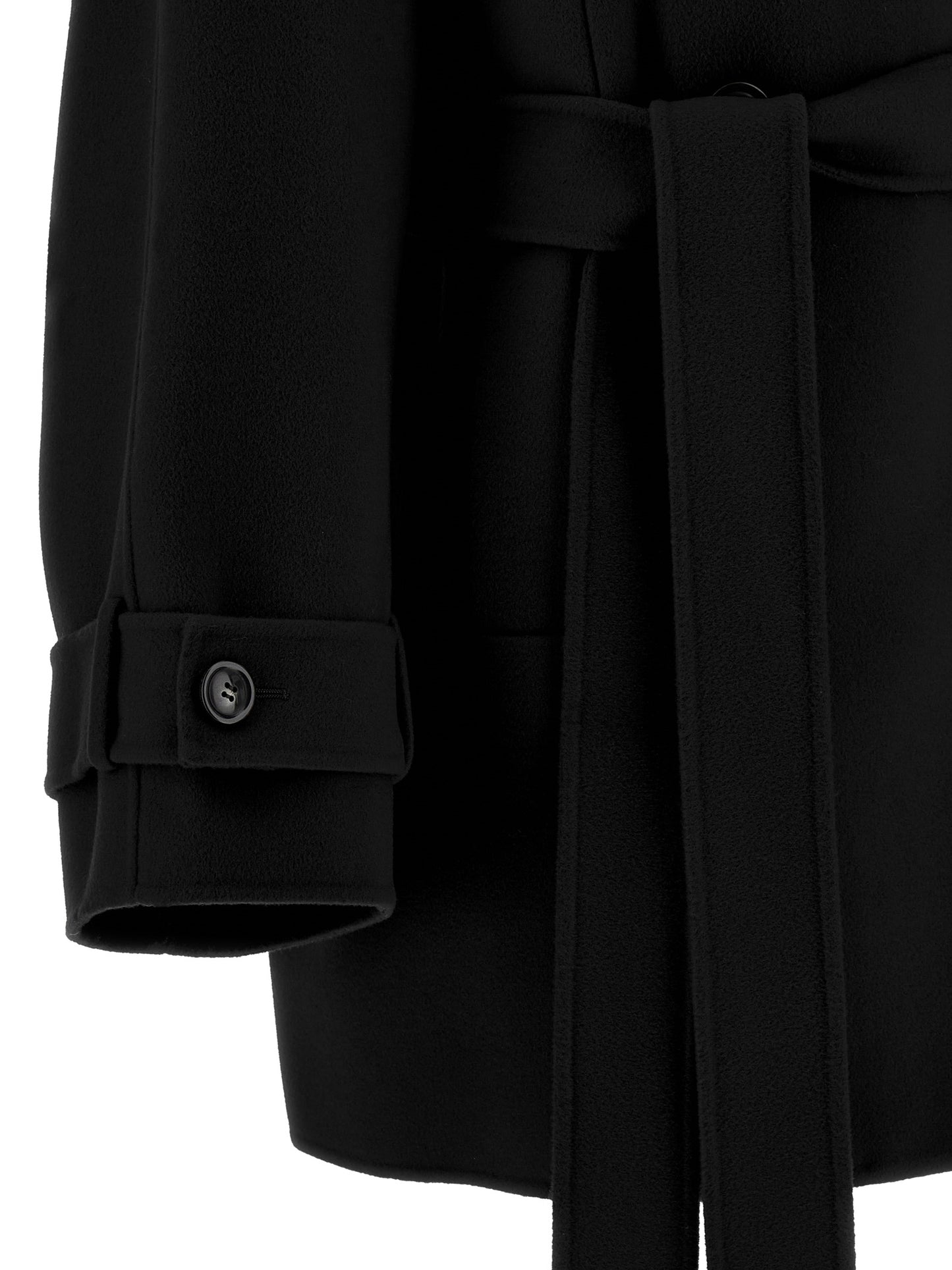 This Sportmax women virgin wool Trench Coat in black presents a high style silhouette, meticulously detailed with pockets and a high style for a sophisticated, timeless look.