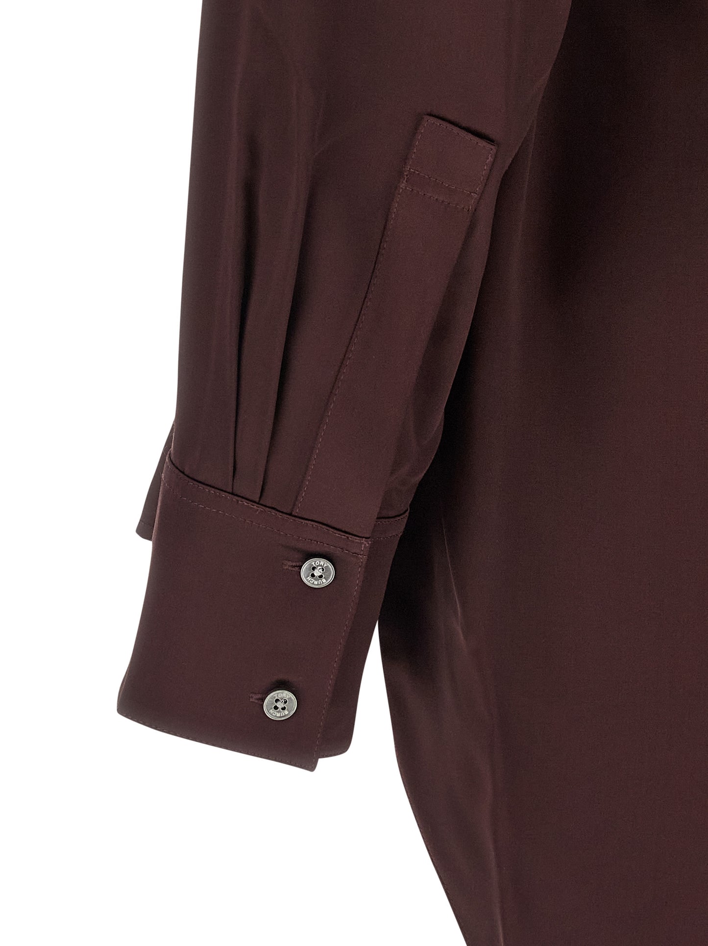 Blouse by Tory Burch for women in satin viscose bordeaux showcases a sleek silhouette, elegantly detailed with a sleek and for a sleek finish.