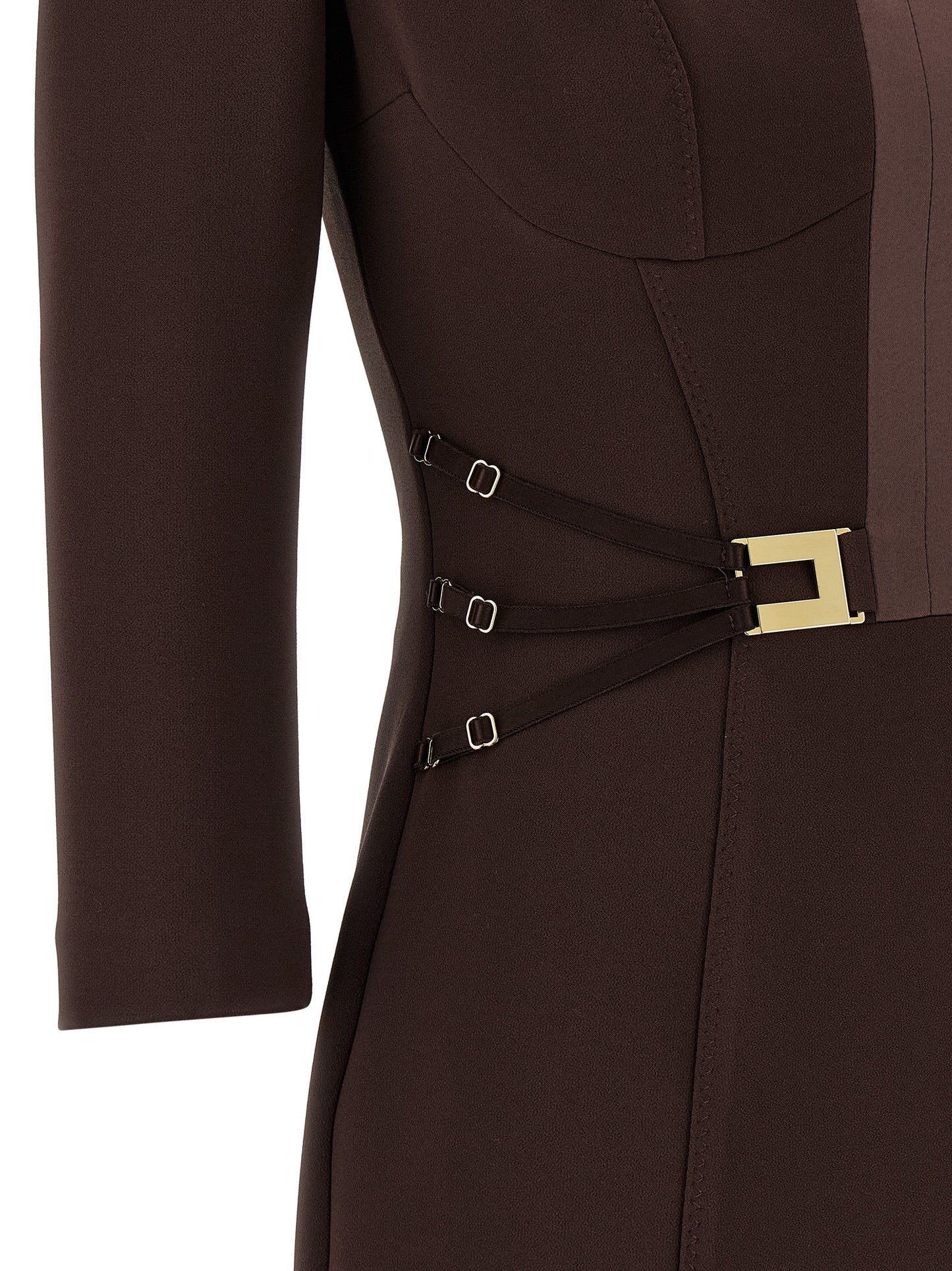Dress by Elisabetta Franchi for women in polyester satin brown & monogram features a dramatic silhouette, showcasing an elegant and that flows into a dramatic short mini.