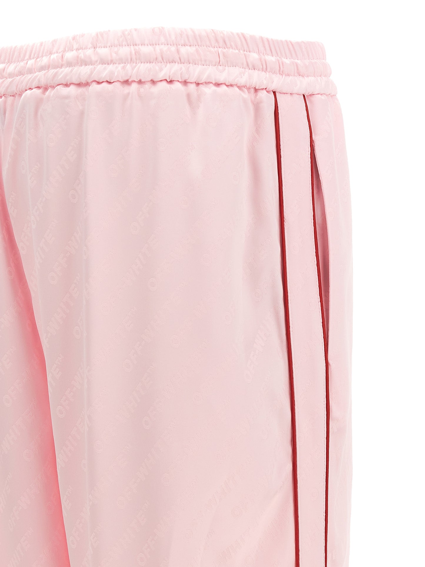 Casual Pants by Off-White for women in satin polyester & viscose multicolor, pink, white & jacquard presents a tailored silhouette, showcasing a tailored straight & wide and long cut with a refined for a truly tailored aesthetic.