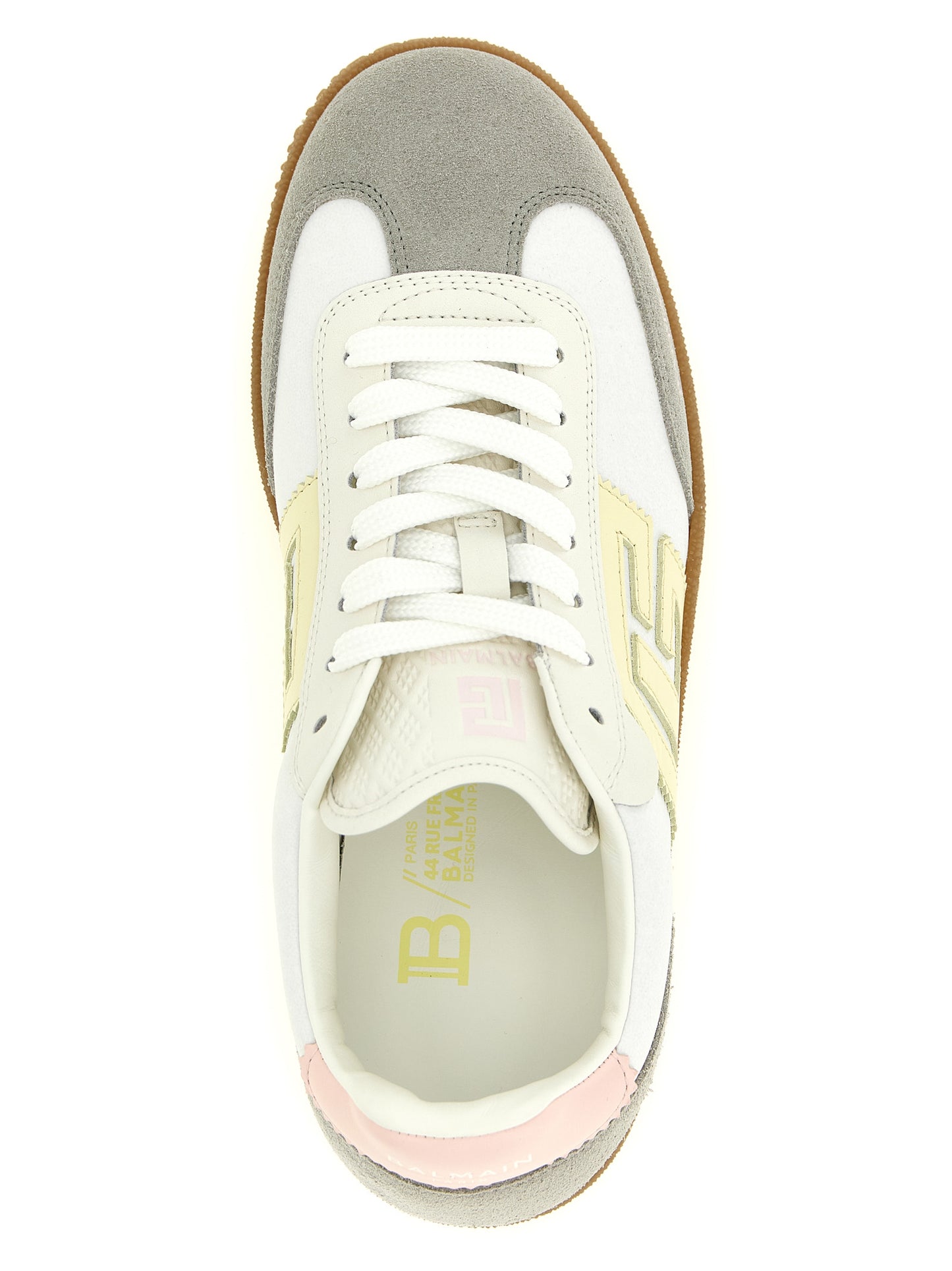 Sneakers by Balmain for women in suede calfskin leather multicolor & patterned presents a sumptuous silhouette, artfully capturing the essence of the Women's Low Top Suede Calfskin Leather Sneakers with its sumptuous low-top style design.