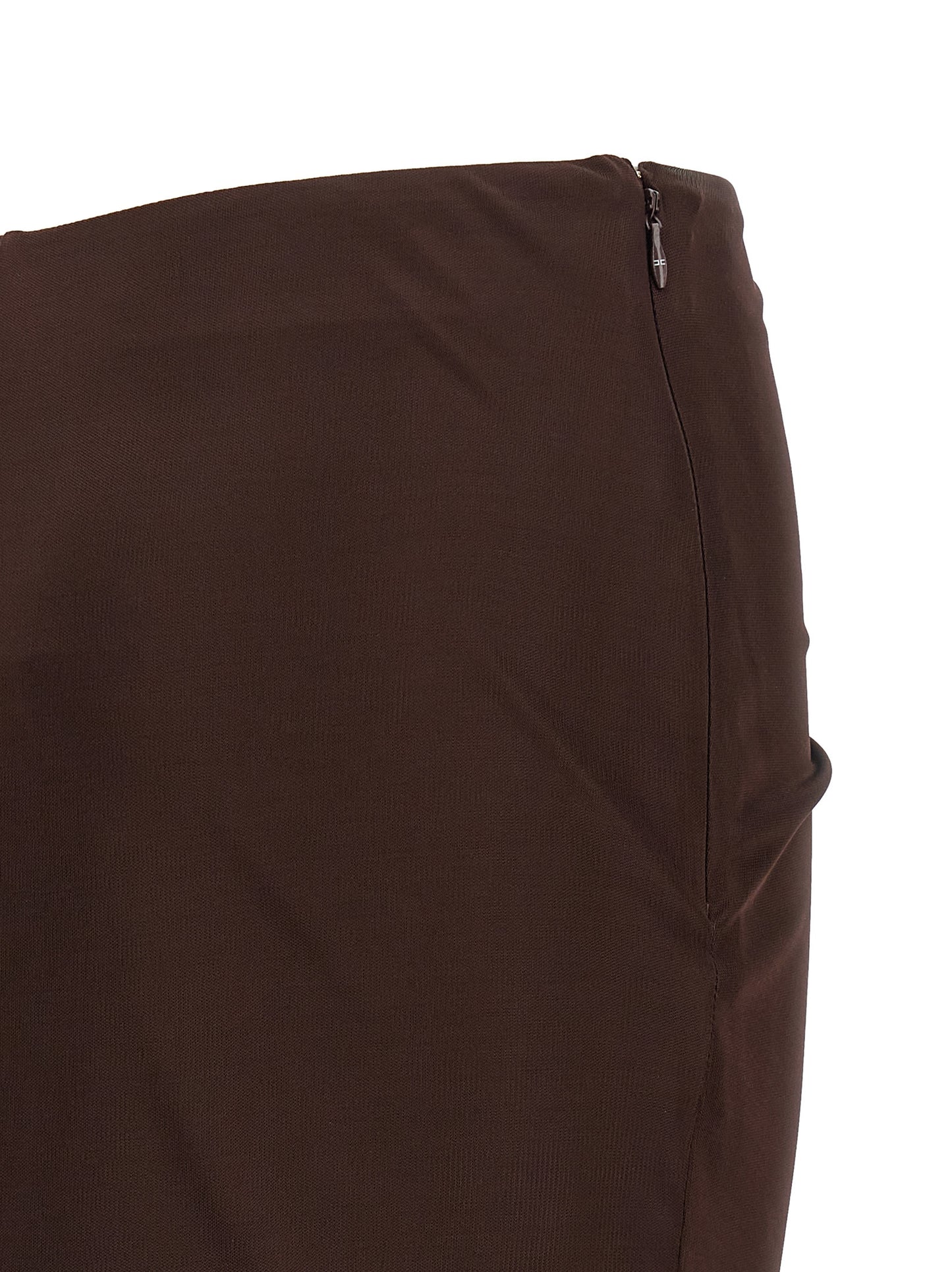 Skirt by Elisabetta Franchi for women in viscose brown showcases a sultry silhouette, elegantly defined by its mini and the sophisticated sultry design of the Women's Tailored Viscose Mini Skirt.