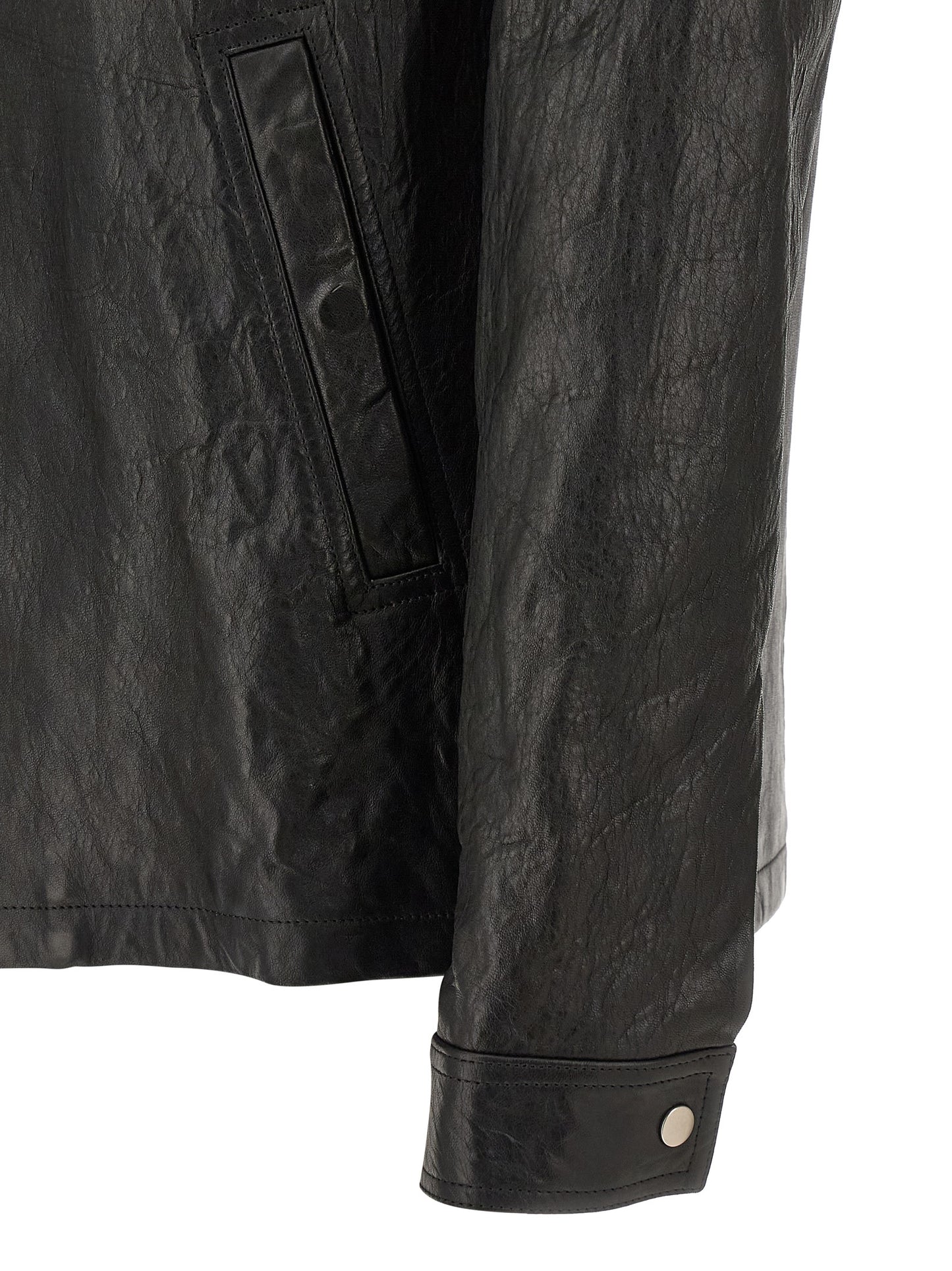 Jacket by Rick Owens for men in lamb leather & cotton black showcases a enveloping silhouette, artfully detailed with a enveloping and premium for a truly enveloping finish.