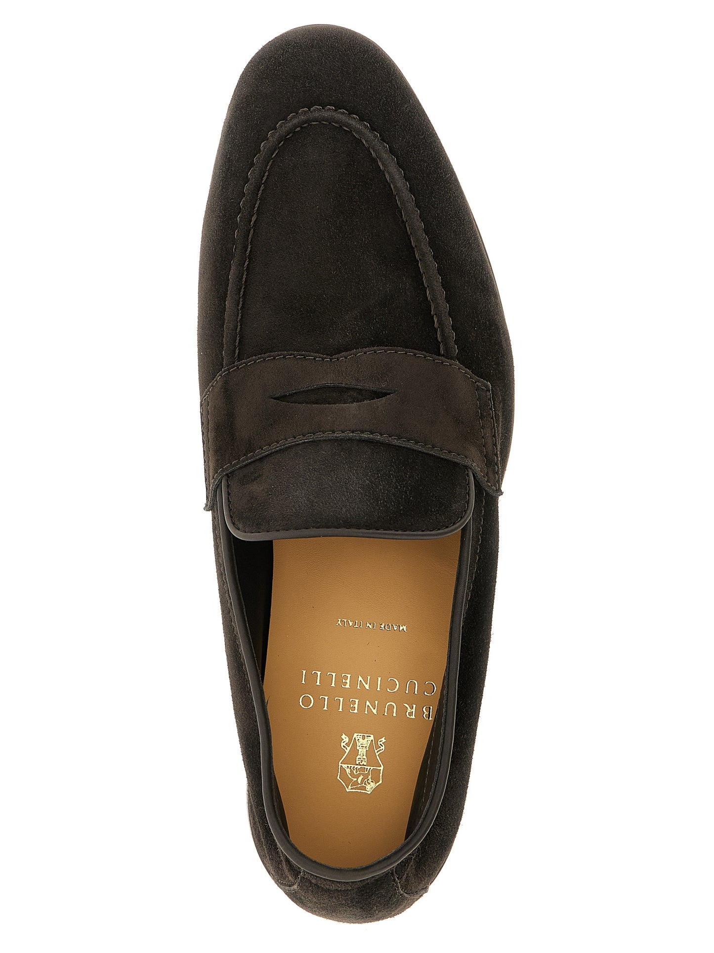 Loafer Slip-On Shoes by Brunello Cucinelli for men in tu & calfskin suede leather brown showcases a timeless silhouette from the Men's TU & Calfskin Suede Leather Loafer Slip-On Shoes collection, featuring a timeless and almond toe style for a timeless finish.
