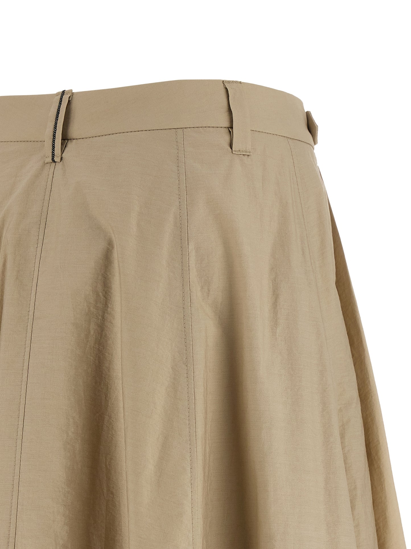 Skirt by Brunello Cucinelli for women in polyamide cotton beige features an tailored silhouette, artfully capturing the essence of Women's Flared Polyamide Cotton Midi Skirt in a sophisticated midi.