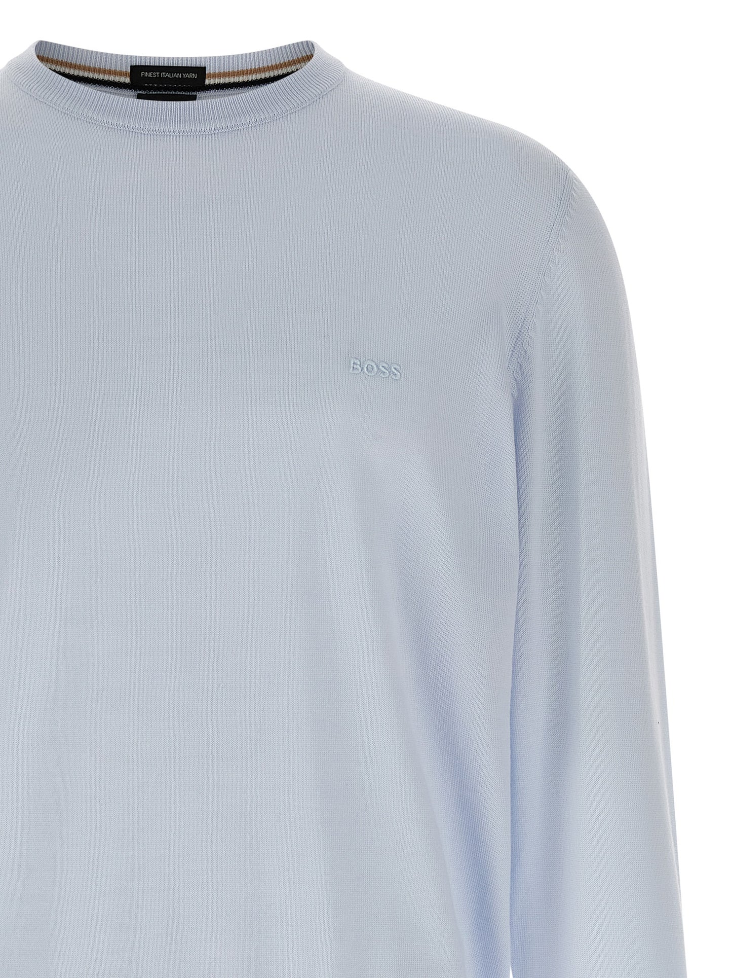 Cardigan by Hugo Boss for men in virgin wool light-blue features a dramatic silhouette, showcasing a sophisticated and dramatic detail for a timeless, premium look.