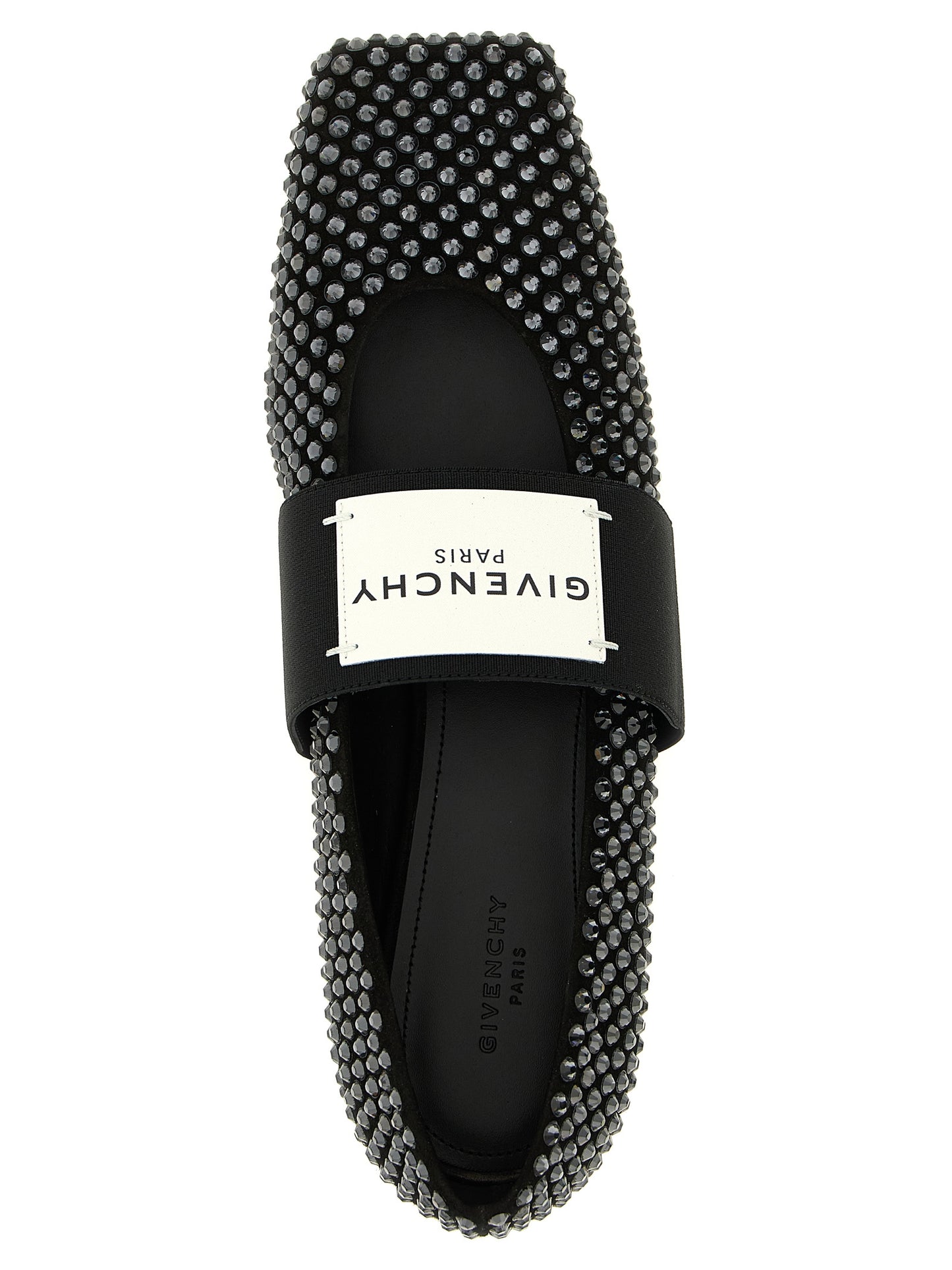 Ballet Flat Shoes by Givenchy for women in calfskin leather & crystal black showcases a dynamic silhouette, artfully capturing Women's Calfskin Leather & Crystal Ballet Flat Shoes through its distinctive and elegant square toe style.