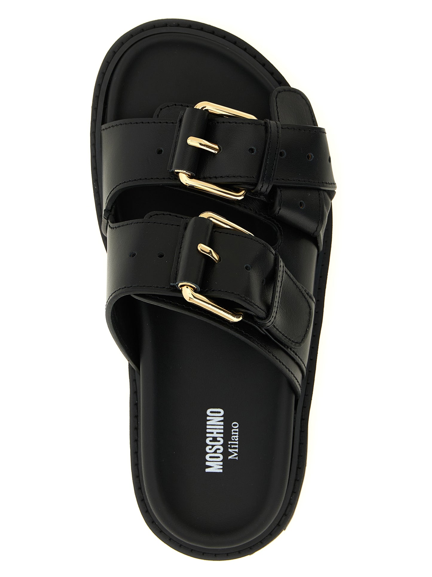 Sliders Sandals Flat Shoes by Moschino for women in calfskin leather black showcases a dynamic silhouette, artfully capturing City Women's Calfskin Leather Sliders Sandals Flat Shoes through its distinctive and elegant .