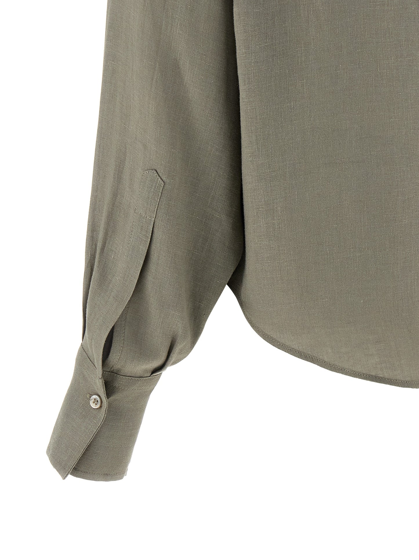 Blouse by Brunello Cucinelli for women in linen & sequins bicolour, green & pearl presents a discerning silhouette, showcasing a sophisticated and for a truly discerning finish.
