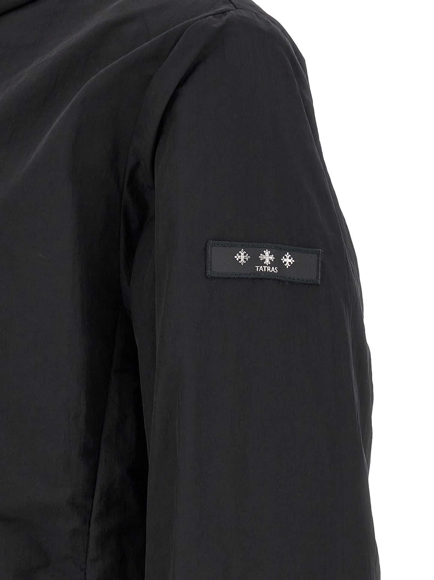 Hooded Windbreaker Jacket by Tatras for men in nylon blue & print features an perennial silhouette with a refined and perennial pockets, hooded & windproof for a sophisticated weather-resistant look.