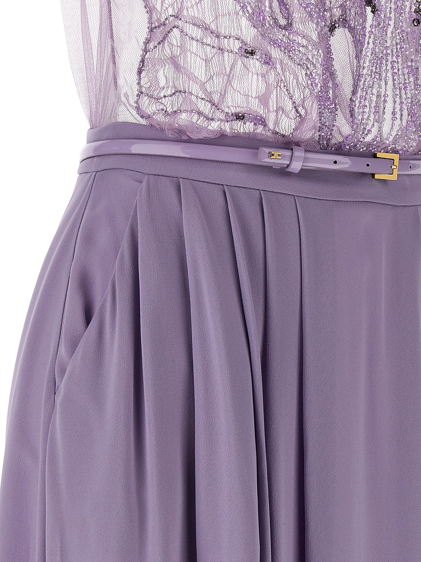 Dress by Elisabetta Franchi for women in vinyl viscose & sequins purple & red features a dramatic silhouette, showcasing an elegant and that flows into a dramatic long.