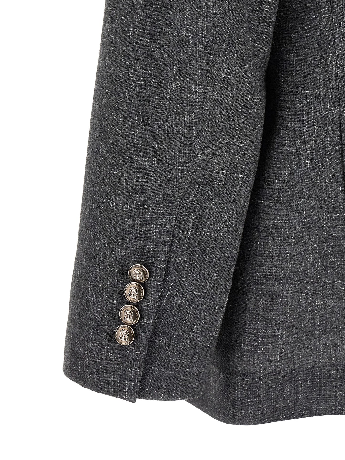 This Blazer by Brunello Cucinelli for men in linen silk wool & cupro gray & signature presents a tailored silhouette, meticulously tailored with a tailored and distinctive for a tailored finish.