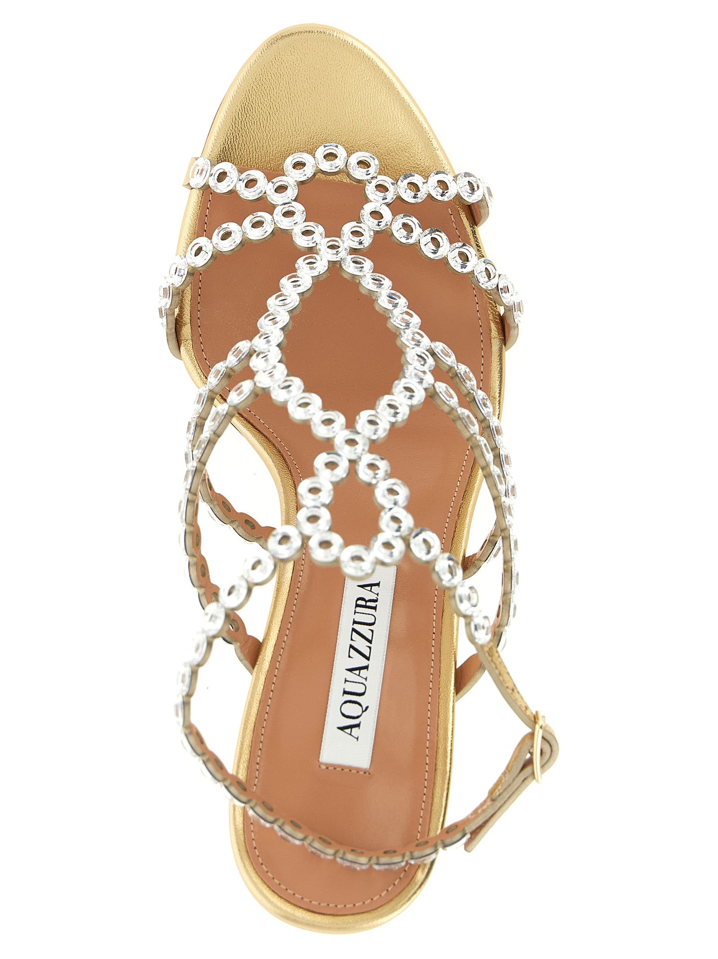 Stiletto Ankle Strap Sandals by Aquazzura for women in lamb leather gold & patterned features an effortlessly chic silhouette from the Women's Lamb Leather Stiletto Ankle Strap Sandals collection, showcasing a effortlessly chic stiletto and elegant .