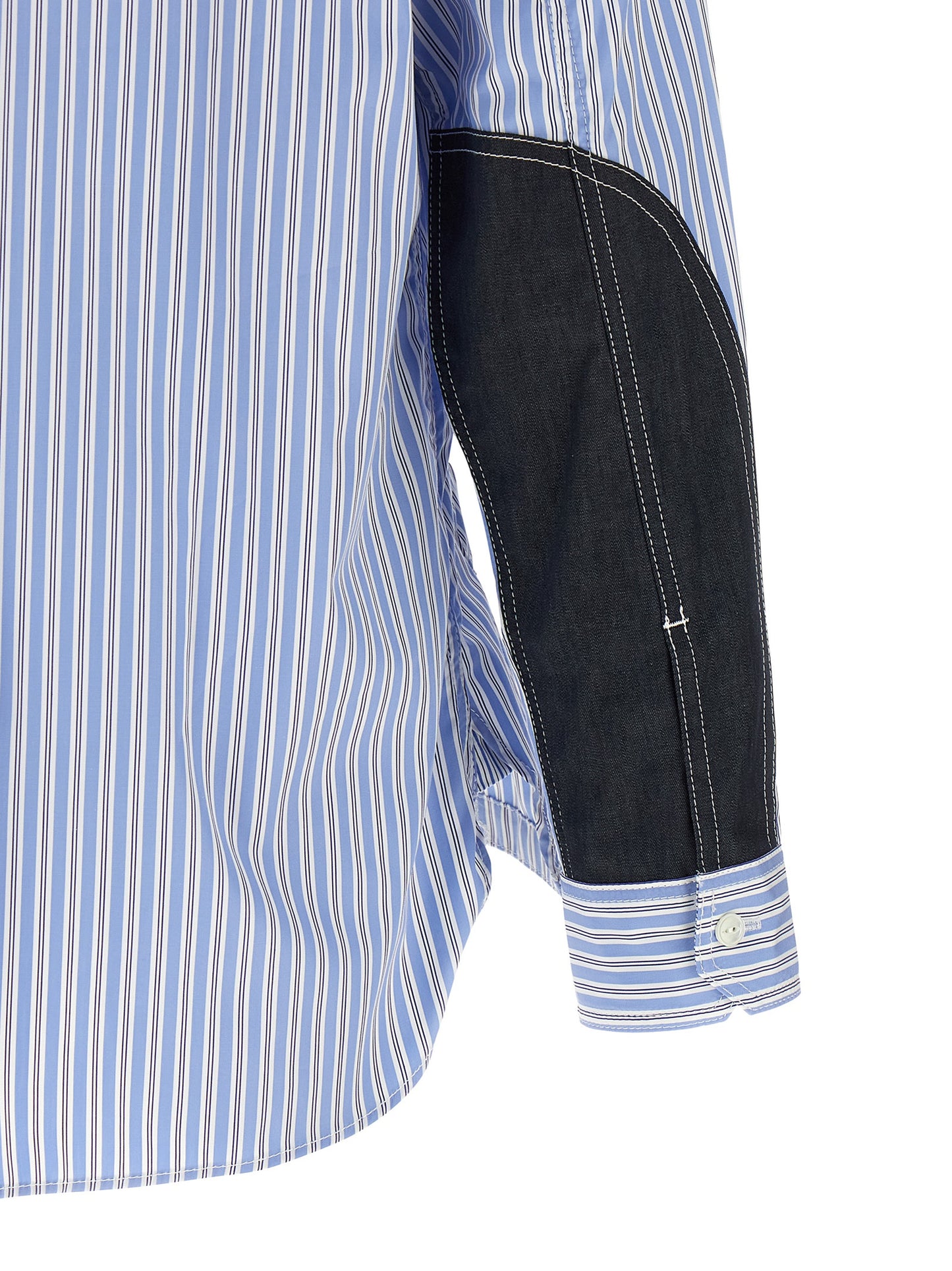 Shirt by Junya Watanabe for men in denim cotton light-blue & striped, featuring a nuanced and nuanced for a sophisticated finish.