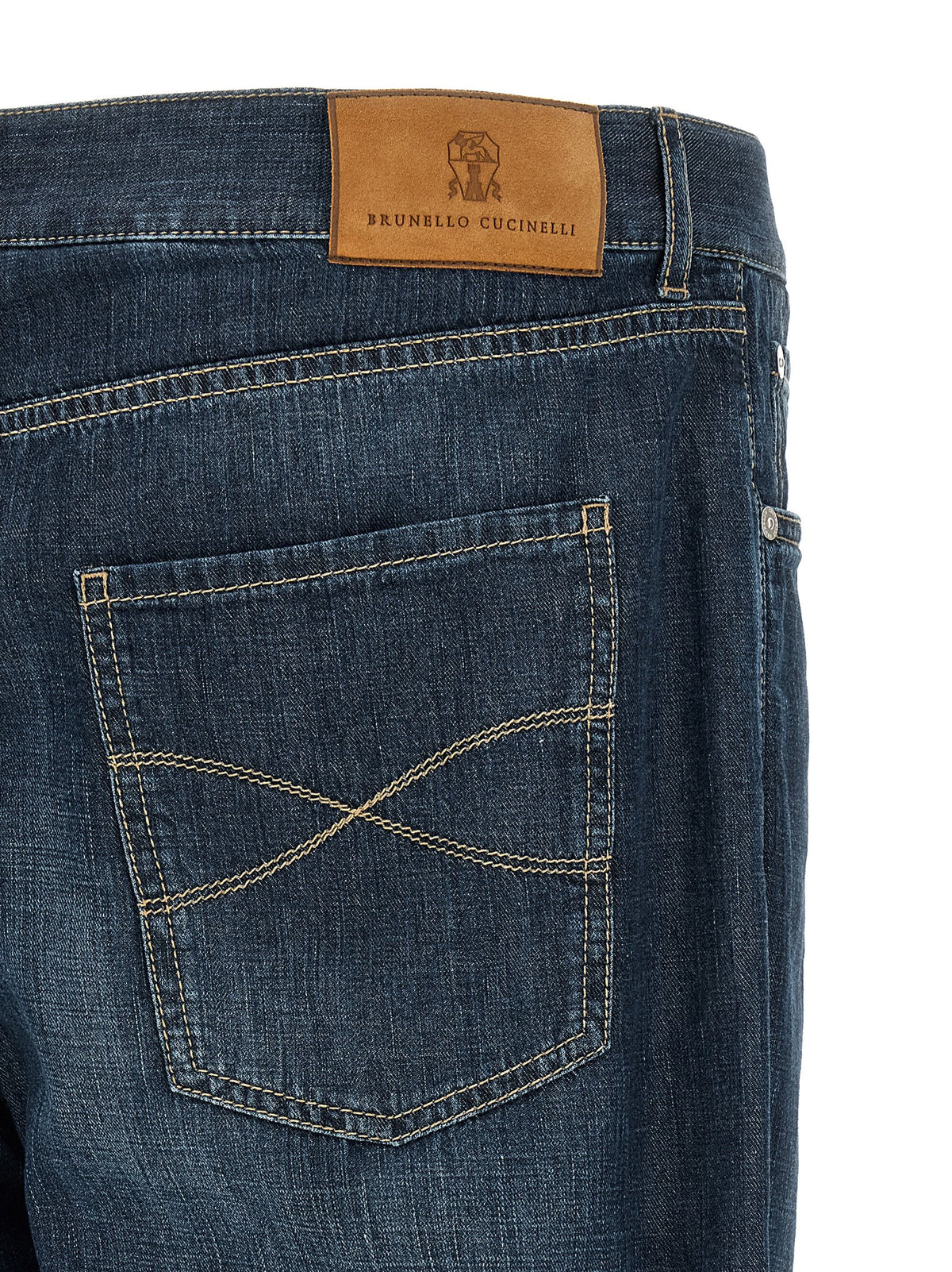 Brunello Cucinelli Men's Straight Leg High Rise Denim Cotton & Suede Leather Jeans - Blue