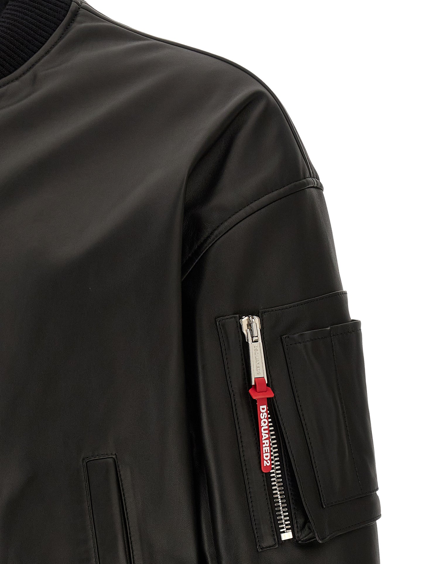 Bomber Jacket by Dsquared² for men in leather black presents a effortlessly chic silhouette, showcasing a sophisticated and premium pockets & insulated for a truly effortlessly chic finish.