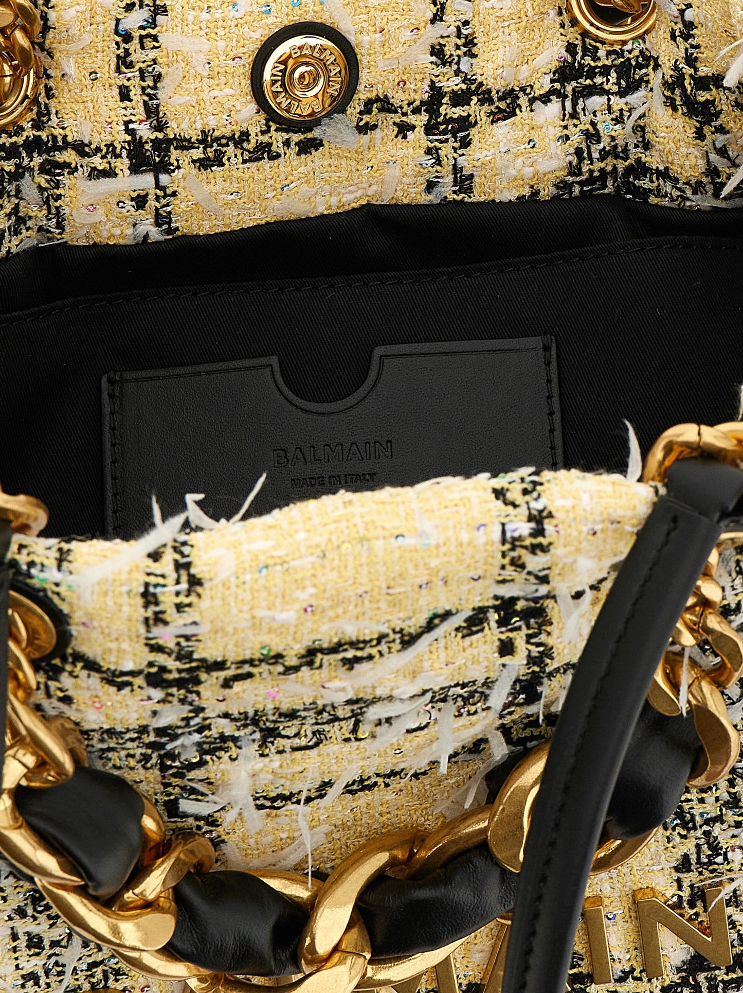 Small Shopper Tote Bag by Balmain for women in poly suede leather & cotton multicolor features an jet-set-ready silhouette, showcasing the Cabas Poly Suede Leather & Cotton Small Shopper Tote Bag design with a secure magnetic, ample , and versatile handle.
