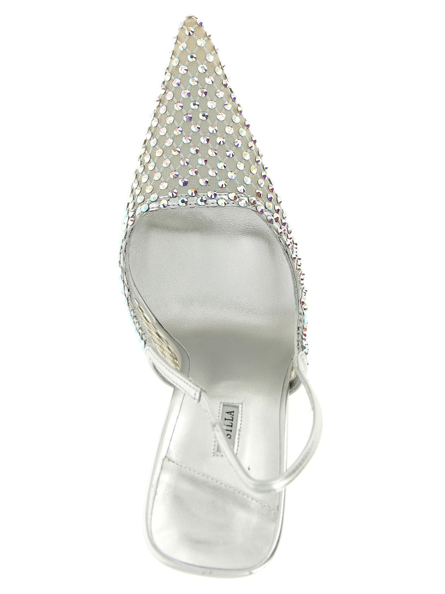 High-Heel Stiletto Slingback Pumps Heels by LE SILLA for women in polyamide polyester leather & rhinestone silver features an effortlessly chic silhouette from the Women's Polyamide Polyester Leather & Rhinestone High-Heel Stiletto Slingback Pumps Heels collection, showcasing a stiletto high-heel and effortlessly chic pointed toe style for a effortlessly chic look.