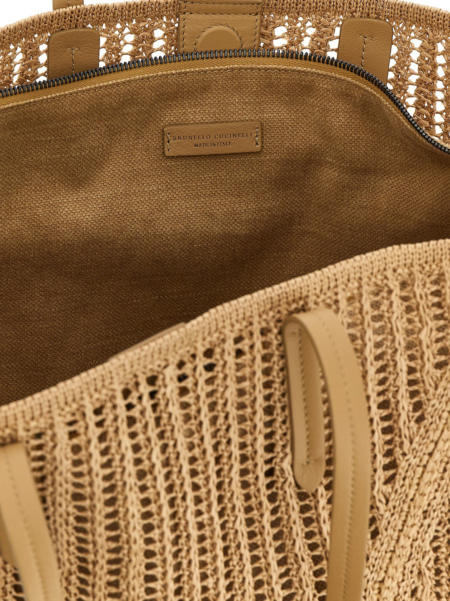 Brunello Cucinelli Bc Duo Monile Raffia Polyamide Patent Leather Large Shoulder Clutch Bag - Beige Signature