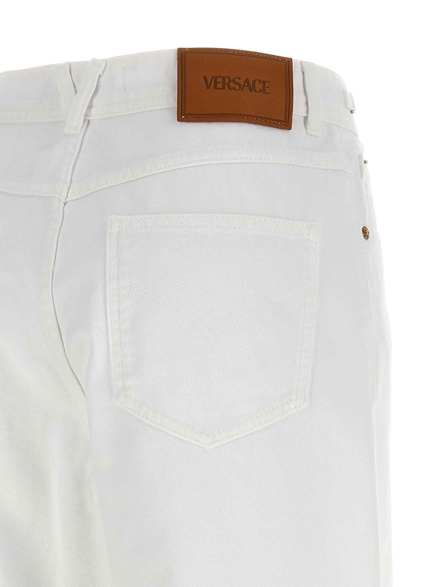 Jeans by Versace for women in denim cotton white features an refined tailoring silhouette, showcasing a premium straight-leg with a and long cut for a refined tailoring look.