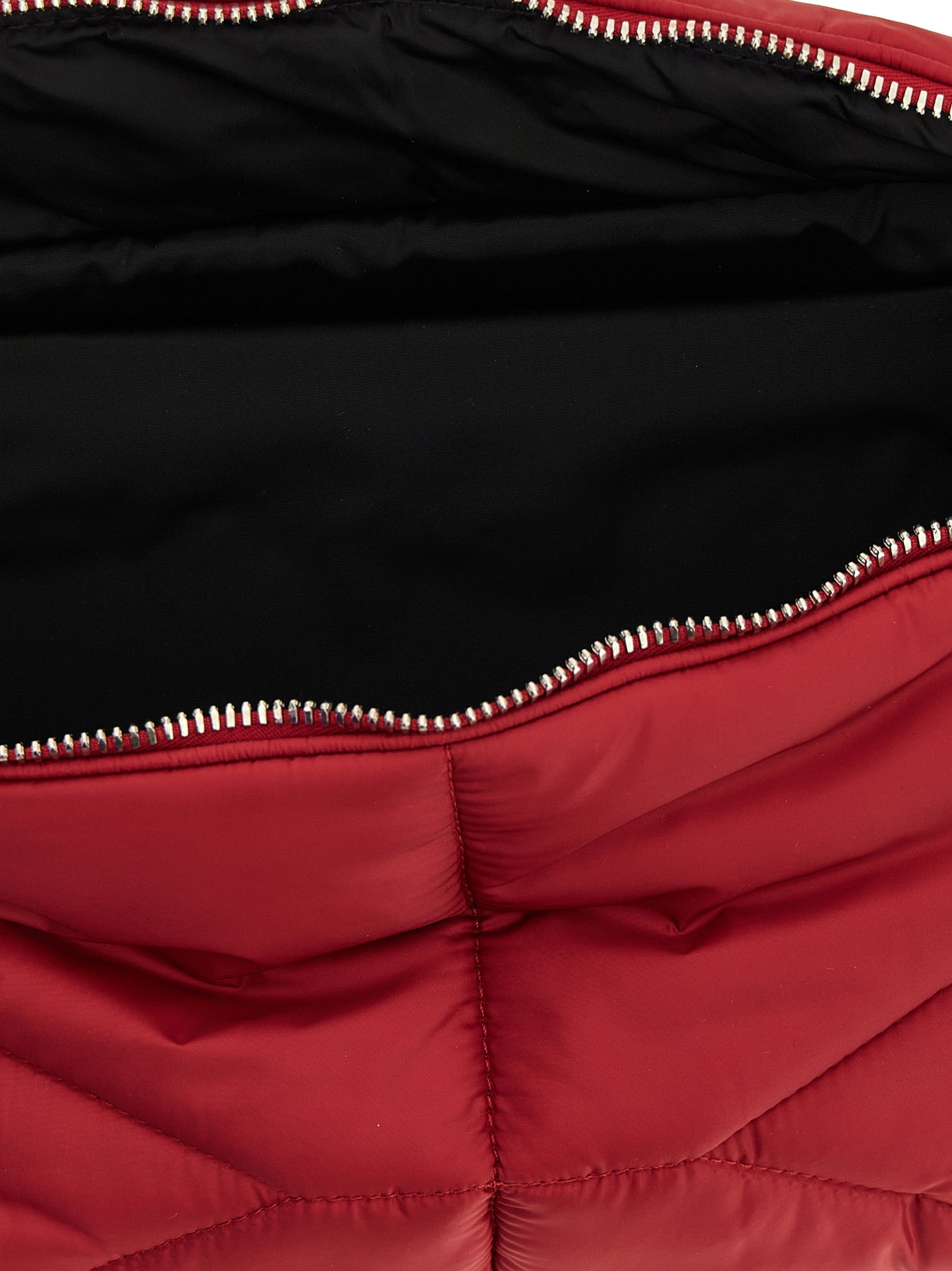 Quilted Crossbody Fanny Pack Handbag by Rick Owens for women in polyester multicolor, red & patterned features a versatile chic silhouette, meticulously detailed with a secure zipper, ample , and versatile crossbody-strap, shoulder-strap, adjustable-strap & belt-strap.