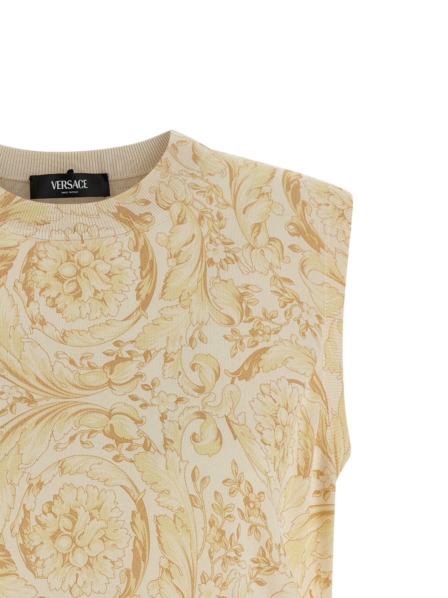 Vest by Versace for women in silk bicolour, yellow, patterned & print showcases a dynamic silhouette, perfectly balancing with a dynamic for a sophisticated, high-fashion look.