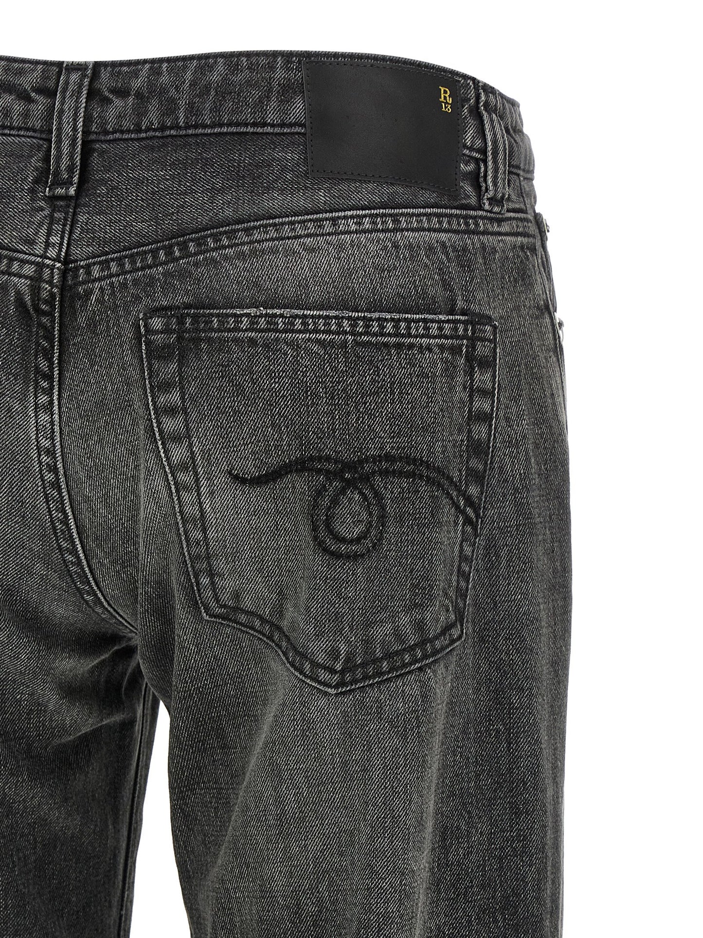 Jeans by R13 for women in denim cotton gray & signature features an sartorial straight-leg and long with a low rise cut for a sartorial finish.