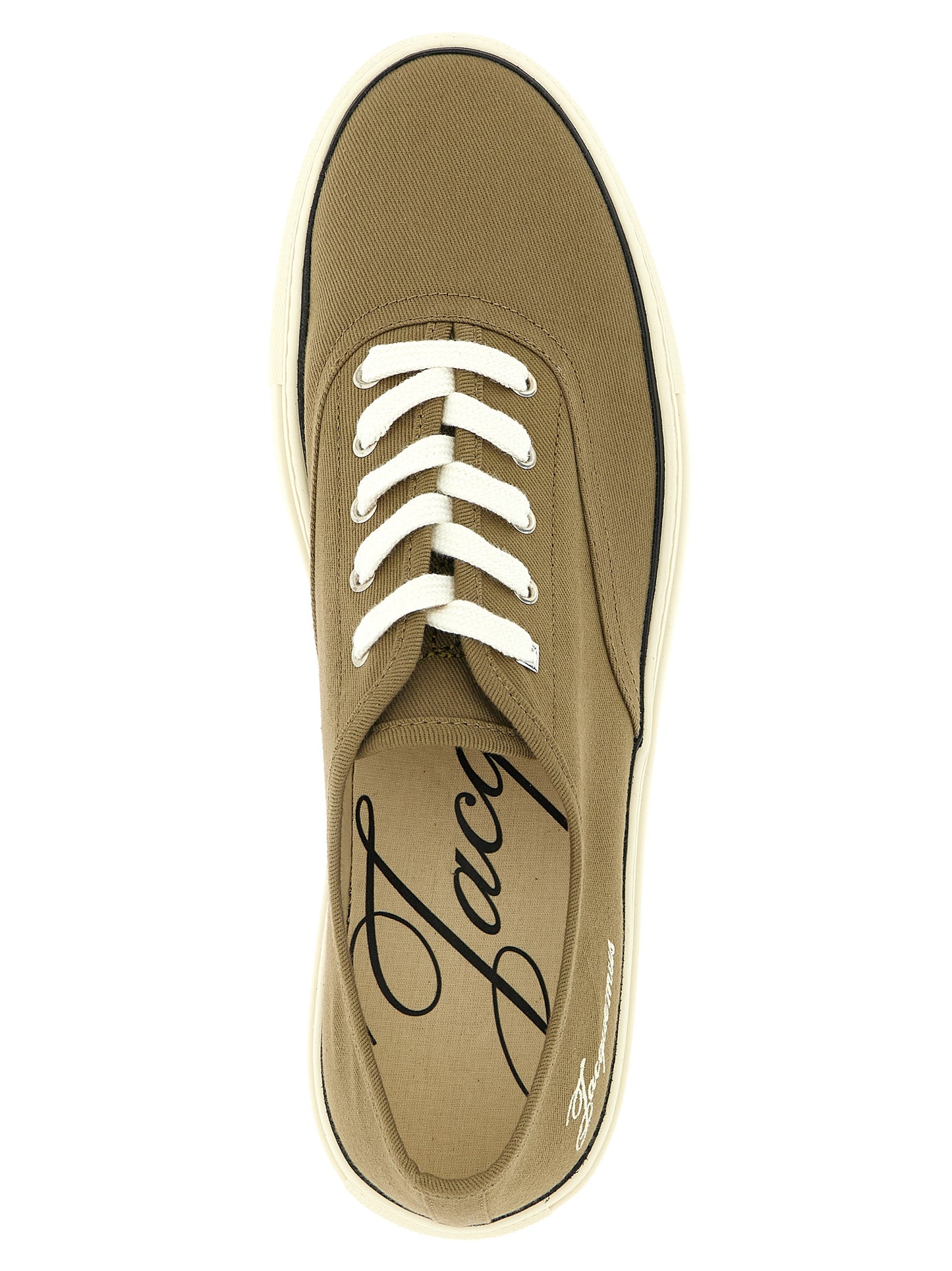 Sneakers by Jacquemus for men in cotton canvas bicolour & green presents a sumptuous silhouette, artfully capturing the essence of the Men's Low Top Cotton Canvas Sneakers with its sumptuous low-top style design.
