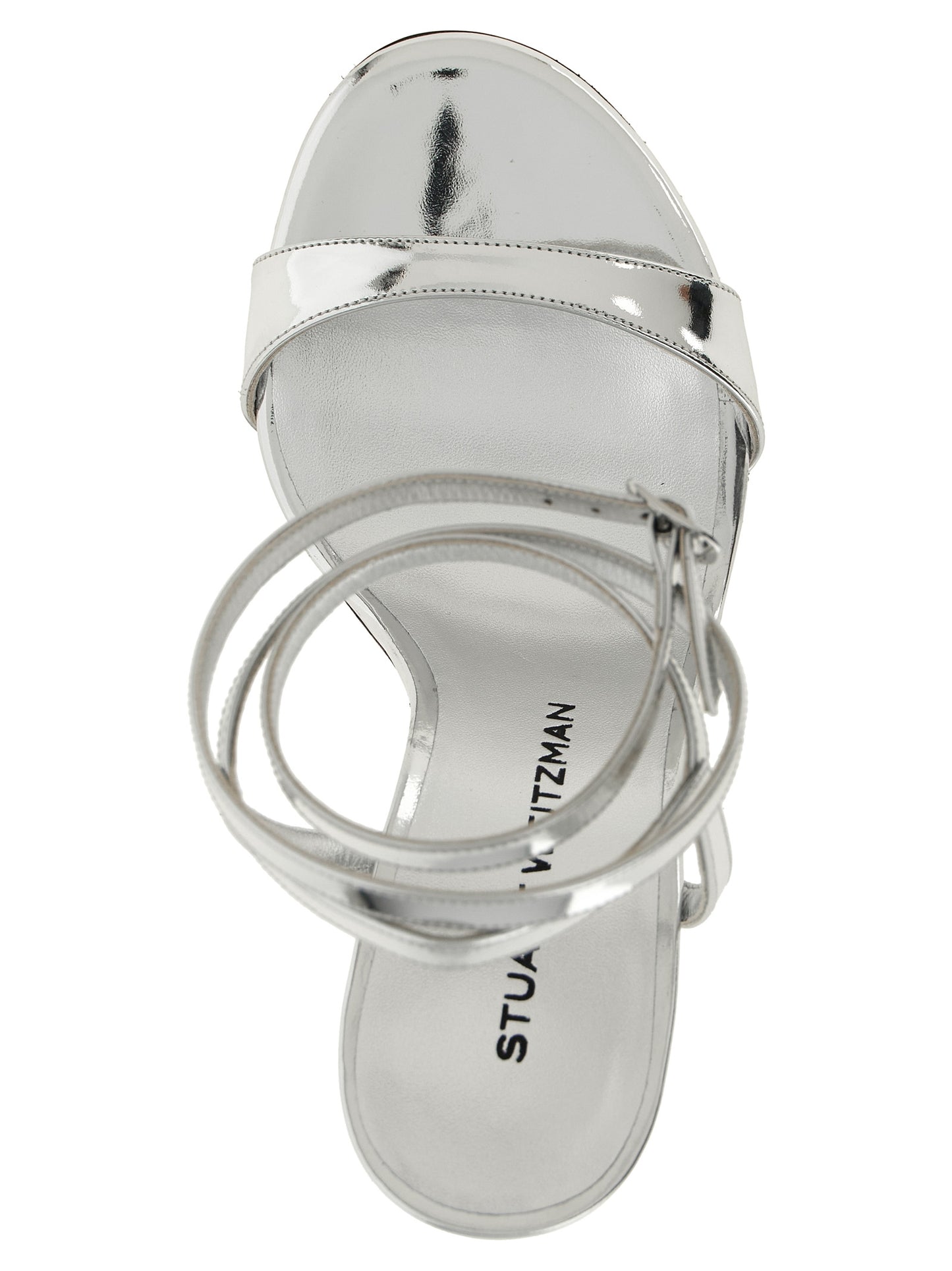 Stiletto Ankle Strap Sandals by Stuart Weitzman for women in polyethylene polyurethane leather silver features an exquisite silhouette, showcasing the exquisite Women's Polyethylene Polyurethane Leather Stiletto Ankle Strap Sandals with a stiletto and .