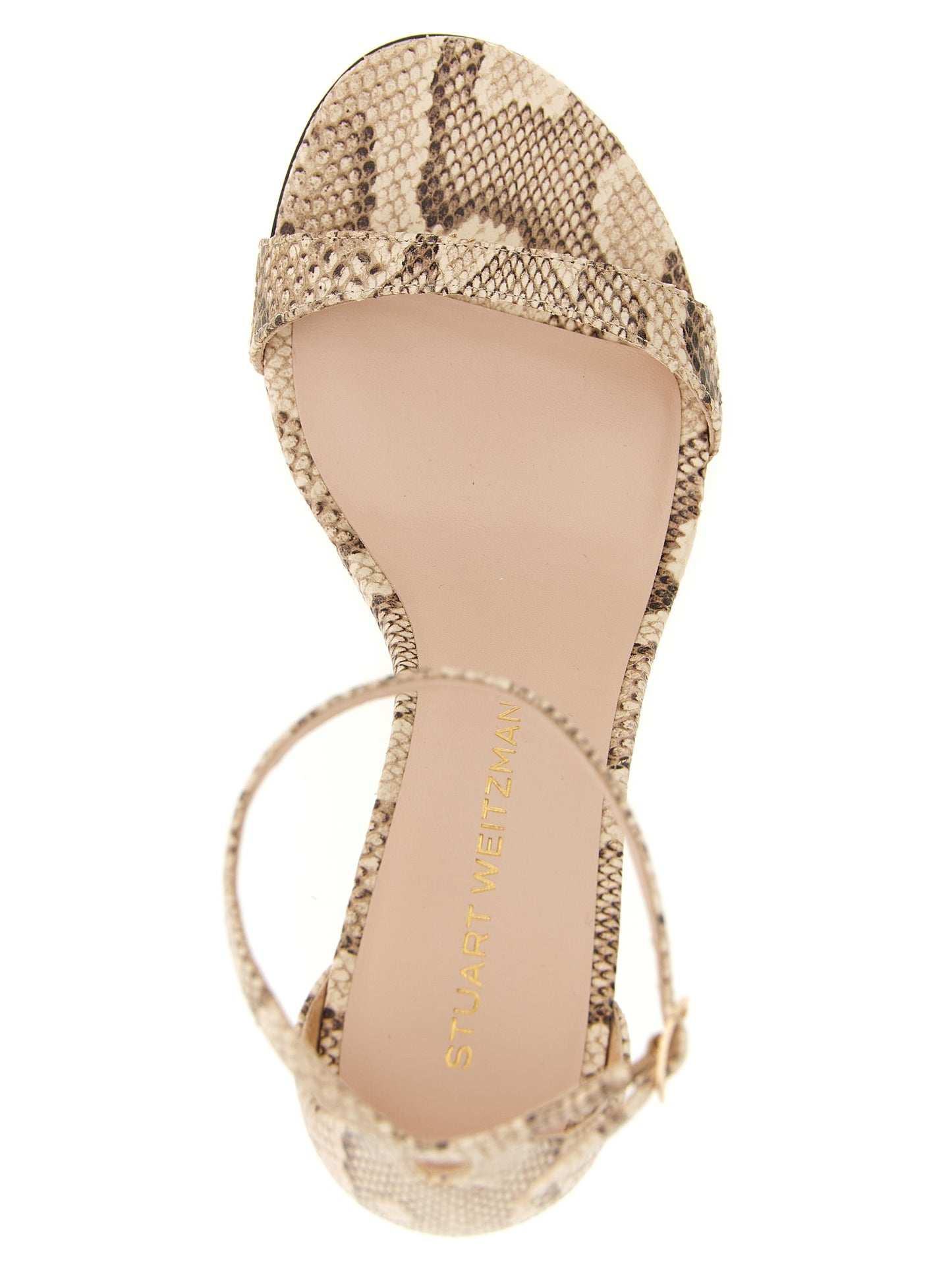 Stiletto Ankle Strap Sandals by Stuart Weitzman for women in goatskin leather beige & print features an effortlessly chic silhouette from the Women's Goatskin Leather Stiletto Ankle Strap Sandals collection, showcasing a effortlessly chic stiletto and elegant round toe style.